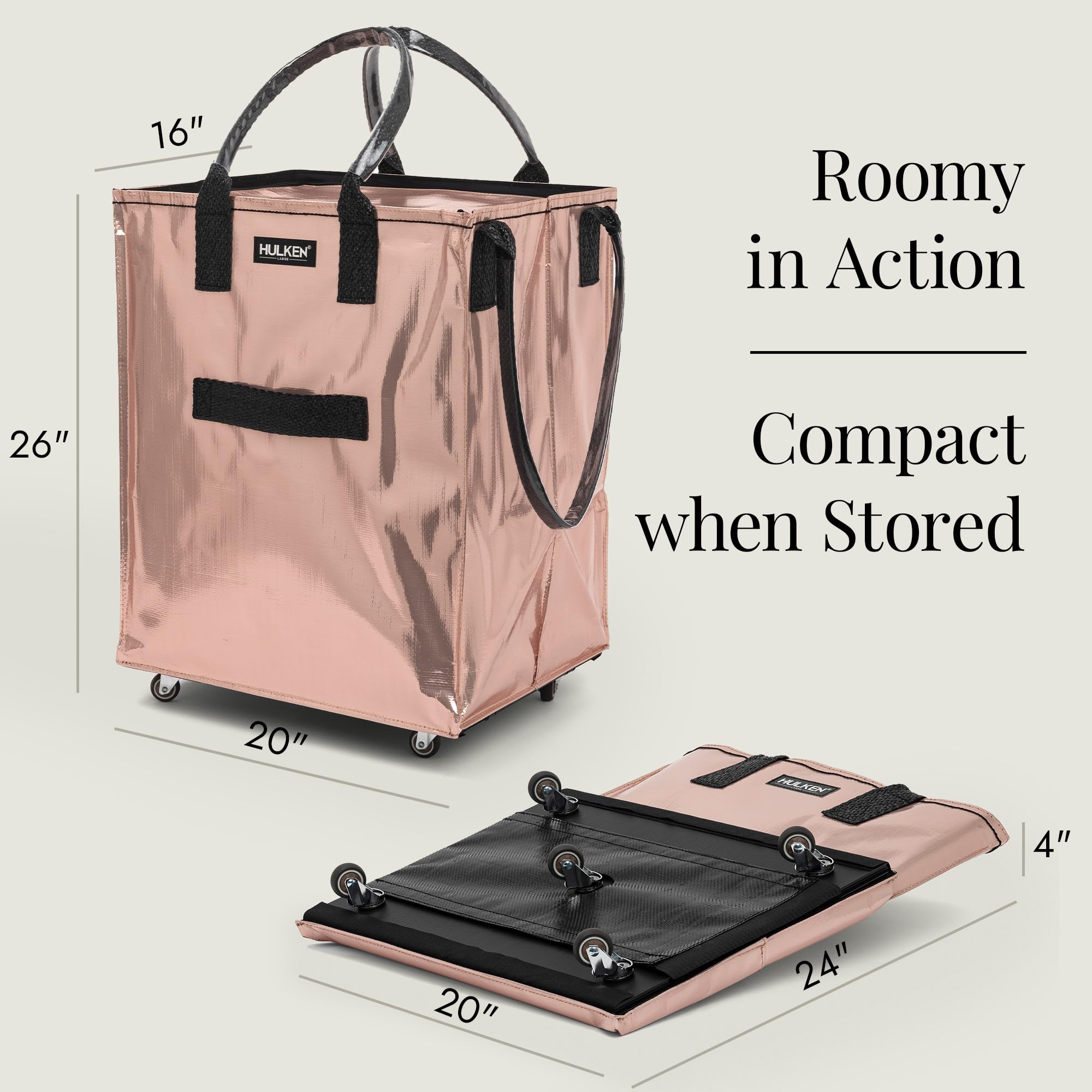 Large Rose Gold Reusable Wheeled Grocery Bag - Foldable Shopping Trolley with Zipper Closure, Lightweight Rolling Tote Holds 66 lbs, Durable Unbreakable Handles - Perfect for Grocery Shopping, Farmers Markets & Travel
