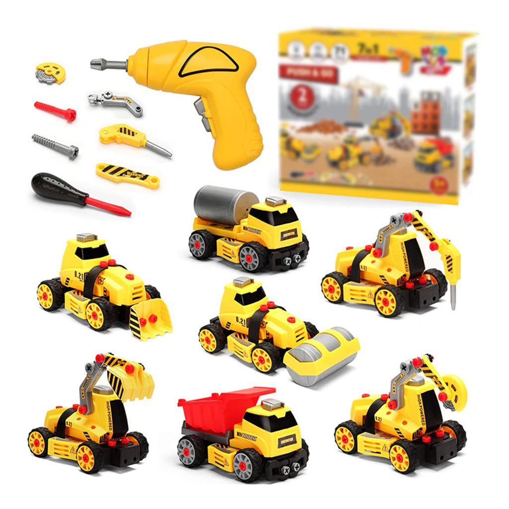 7 in 1 Buildable Construction Vehicle Toy Set - Truck, Excavator & More - STEM Learning Toys for 3 4 5 Year Old Boys & Girls - Perfect for Pretend Play & Early Education