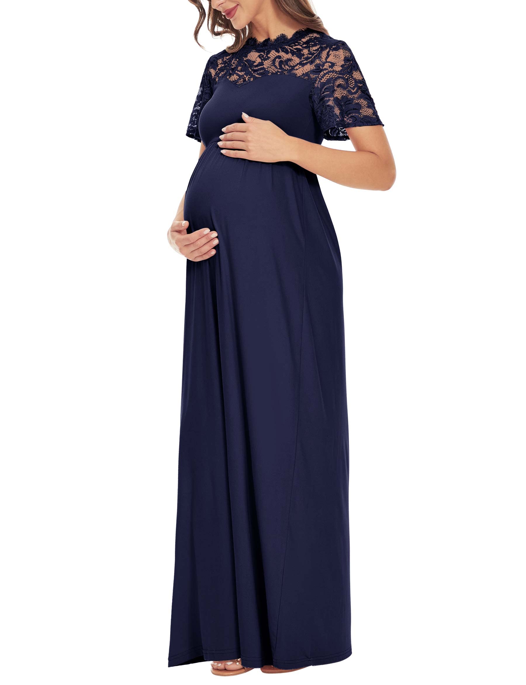 Floral Lace Empire Waist Maternity Dress for Women - Short Sleeve Formal Maxi Dress for Baby Shower, Bridesmaid, Wedding & Special Occasions