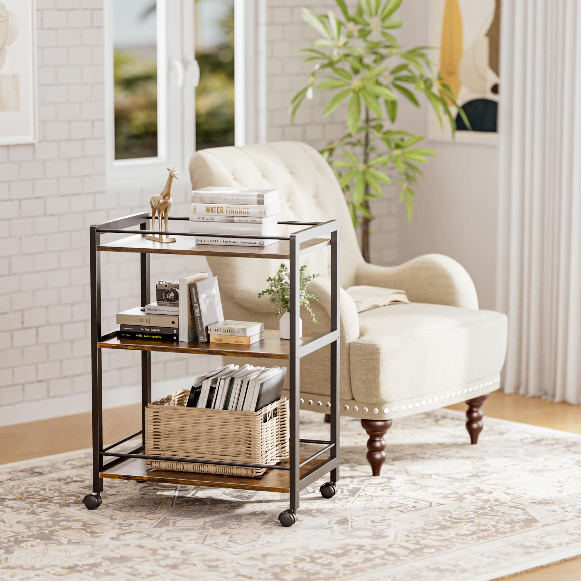 3-Tier Rolling Bar Cart with Wheels & Storage Shelves - Rustic Brown & Black Home Bar Serving Cart for Kitchen, Dining & Living Room | Perfect for Entertaining, Cocktail Parties & Beverage Storage