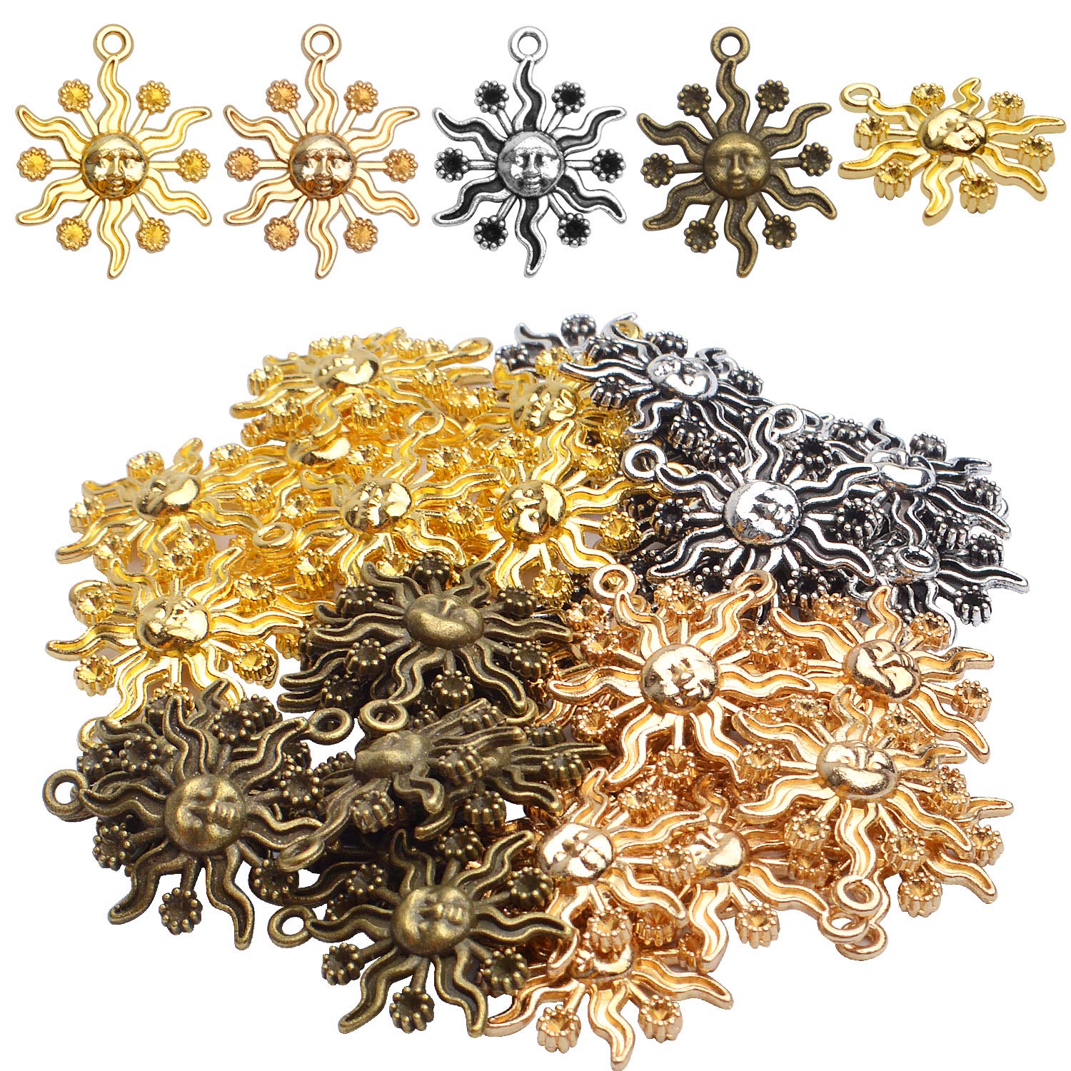 40pcs 23mm Alloy Celestial Sun Charms - Tibetan Smile Pendants for DIY Jewelry Making (Earrings, Necklaces, Bracelets) - Perfect for Boho, Hippie & Spiritual Accessories