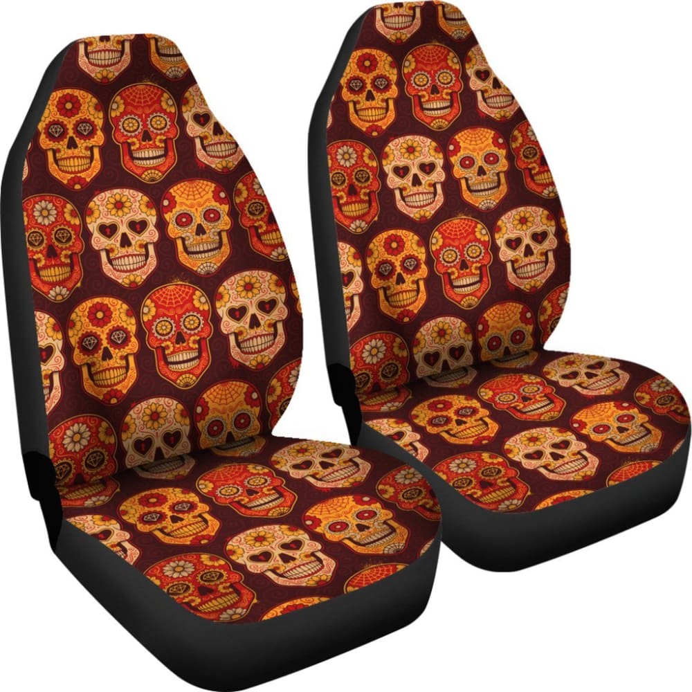 2 Pcs Sugar Skull Car Seat Covers - Universal Fit for Cars, Trucks & SUVs - Halloween Dia de Los Muertos Decor - Protects Seats from Stains & Spills