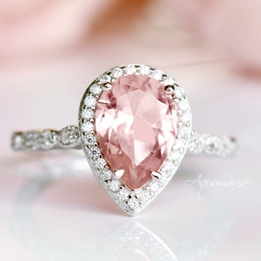 Exquisite Luxe Teardrop Morganite Ring in Sterling Silver - Elegant Jewelry for Weddings, Anniversaries & Special Occasions