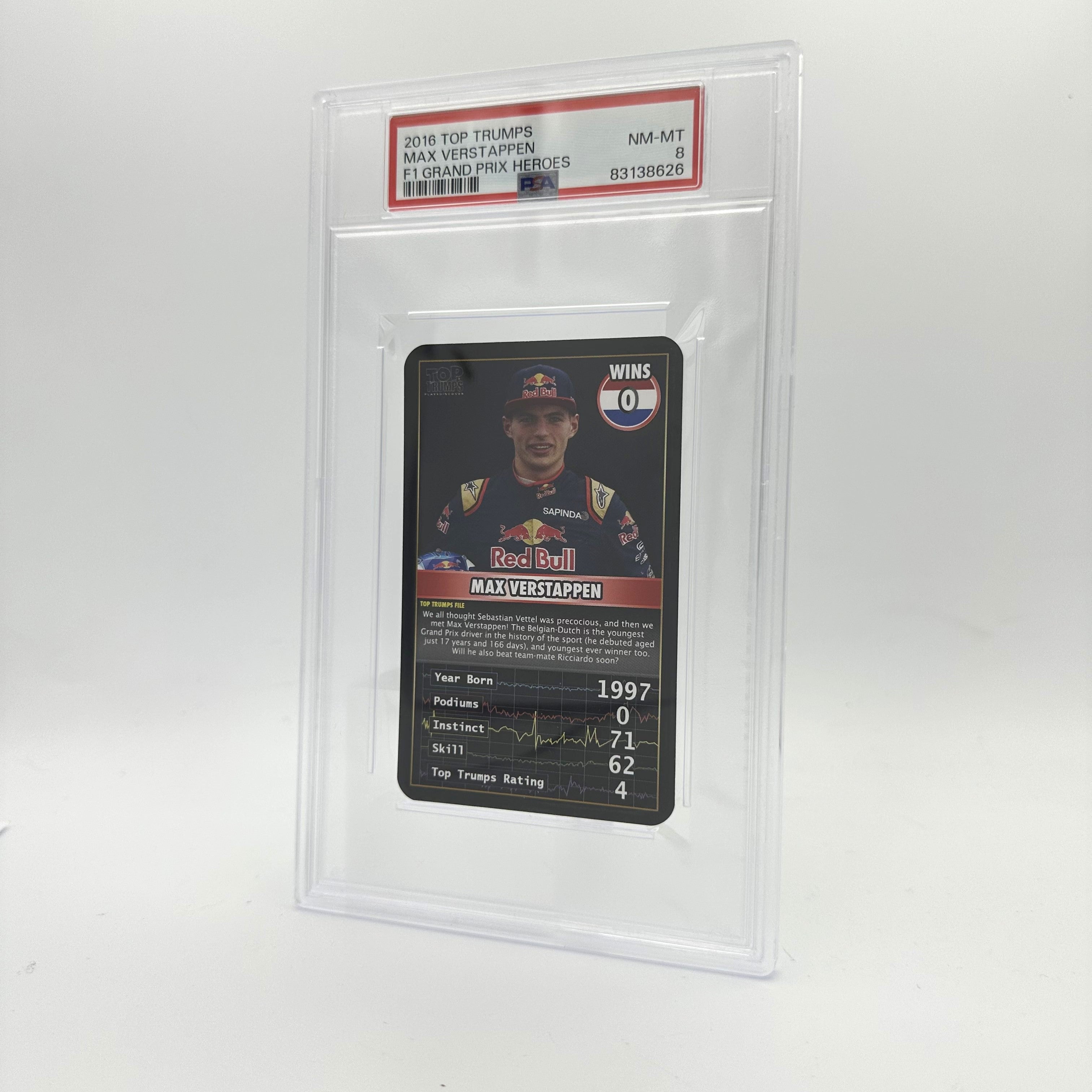 PSA 8 Graded MAX VERSTAPPEN 0 WINS TOP TRUMPS 2016 GRAND PRIX HEROES Trading Card - Perfect for Formula 1 Collectors and Racing Fans Display