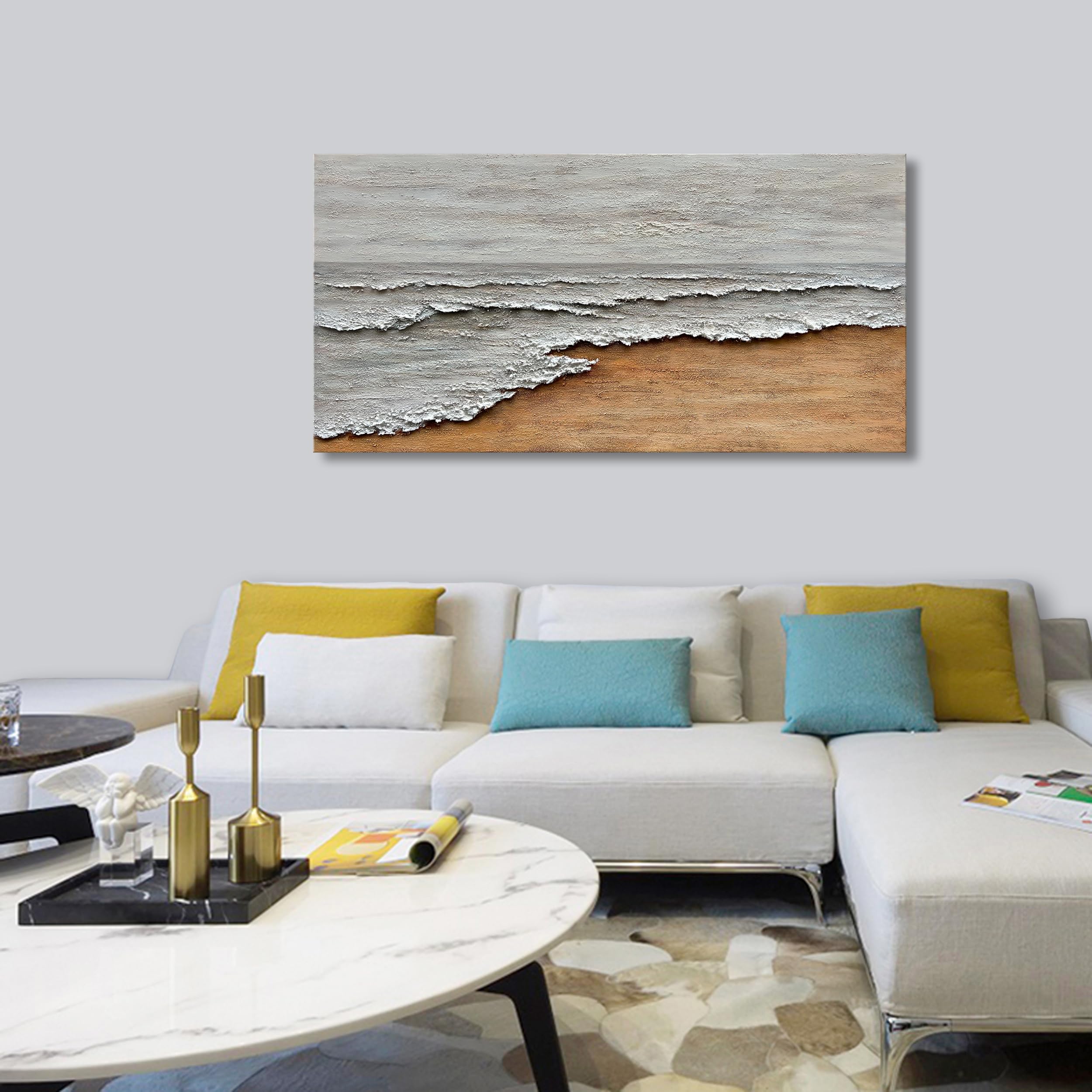 Hand-Painted Yellow and White Ocean Beach Abstract Oil Painting - Modern Canvas Wall Art for Living Room Decor - 24x48 Inches - Perfect for Coastal, Beach House or Contemporary Home Decor
