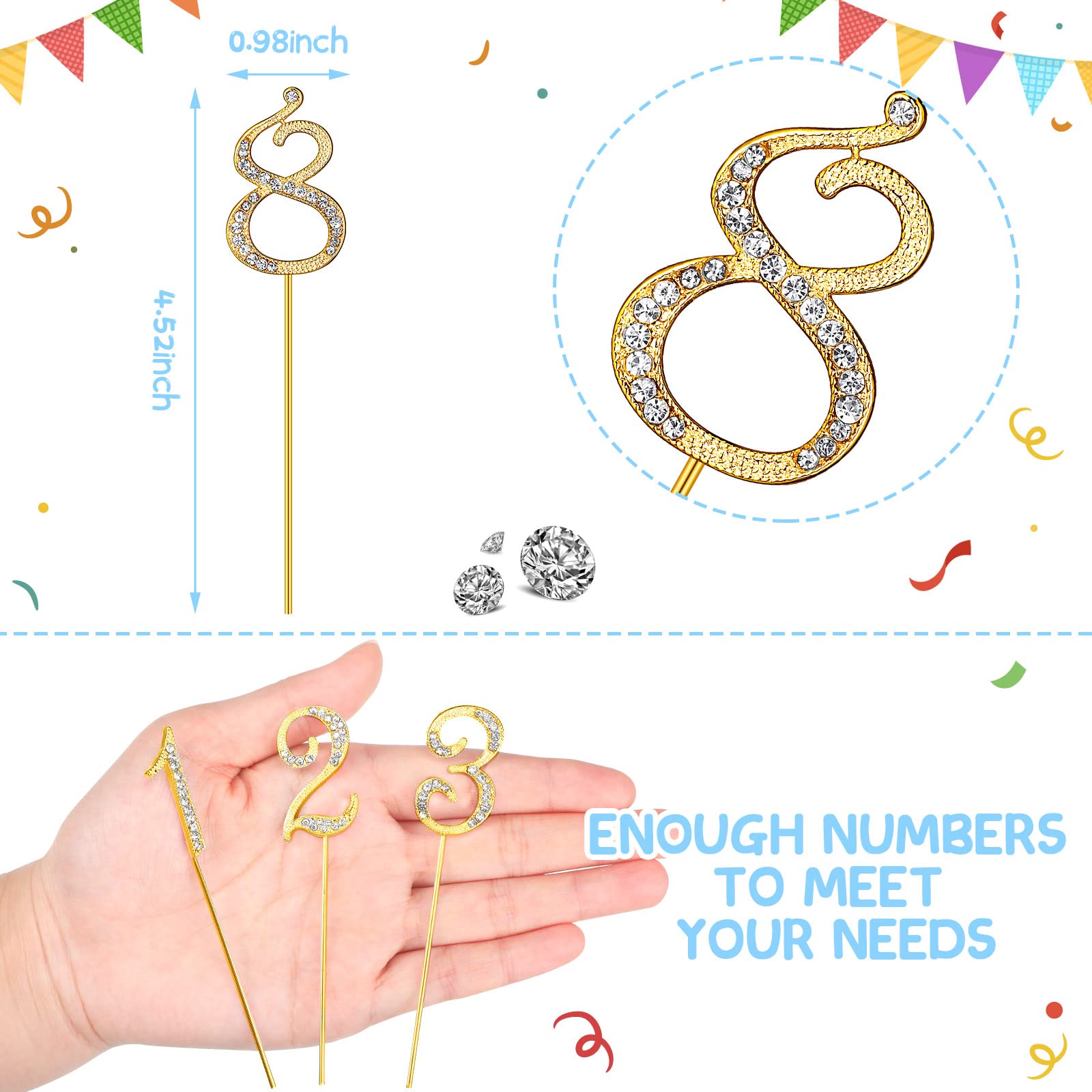 HOTOP 10-Piece Gold Rhinestone Cake Topper Set with Diamond Gems - Numbers 0-9 for Birthday, Wedding & Anniversary Cake Decorations - Perfect for Party, Bridal Shower & Special Event Decor