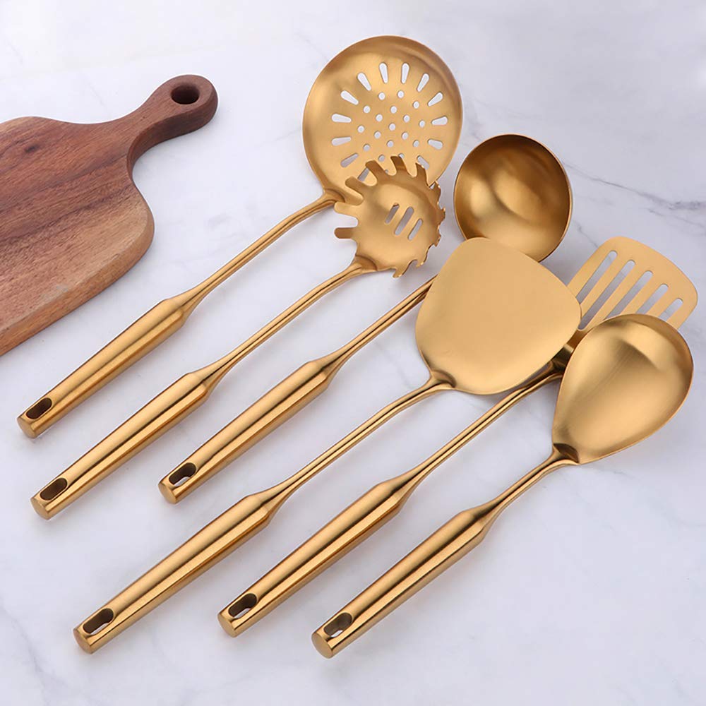 Premium 18/8 Stainless Steel Kitchen Utensil Set - 10 Piece Gold Cooking Tools with Long Handles for Sauteing, Frying & Baking - Dishwasher Safe Non-Slip Kitchenware Gift Set