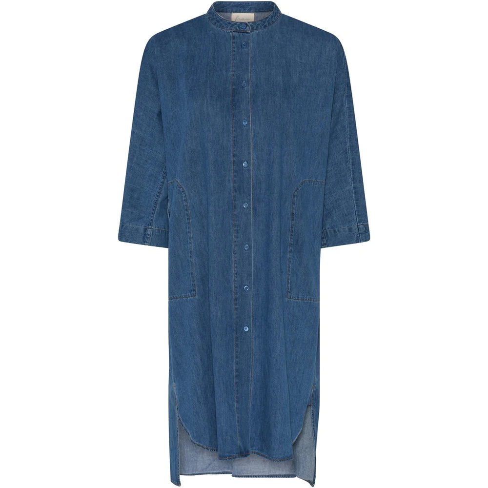 Seoul Long Denim Shirt for Women - Medium Blue Distressed Denim Top - Casual & Layering Outfit Essential