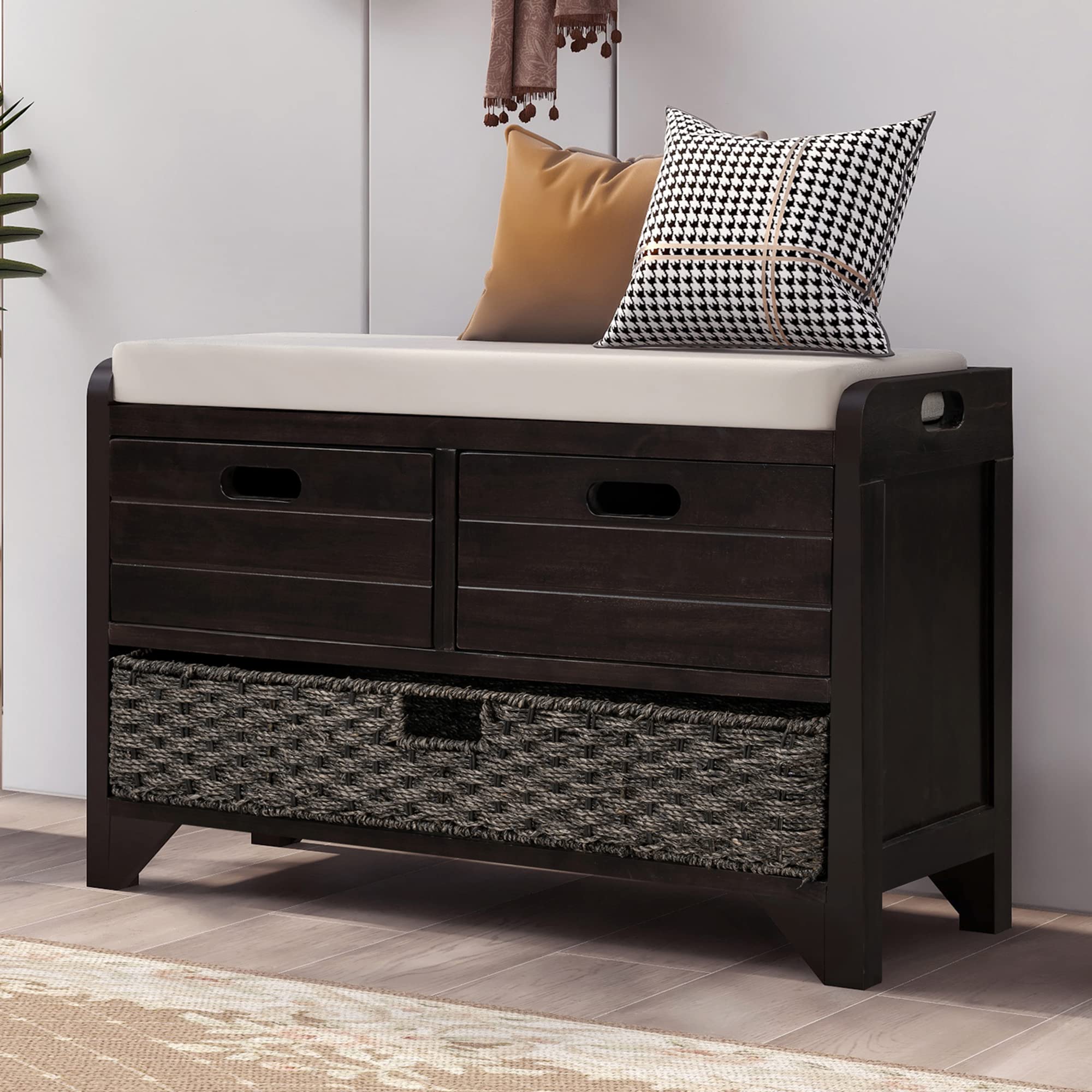 P PURLOVE Entryway Bench with 2 Drawers & Removable Basket - Shoe Storage Bench with Cushion for Hallway, Living Room, Bedroom - Fully Assembled Espresso Wooden Bench - Perfect for Organizing Shoes, Coats & Home Decor