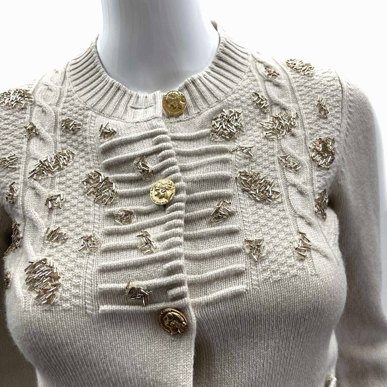 Chanel 16A Paris Rome Beaded Cardigan Sweater - Size 34 US 2 in Beige | Luxury Cashmere Knitwear for Women | Perfect for Evening Parties & Special Occasions