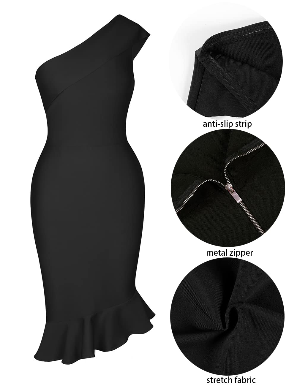UONBOX Women's Sexy One Shoulder Sleeveless Bodycon Dress - Midi Mermaid Bandage Party Dress for Club, Night Out & Special Occasions