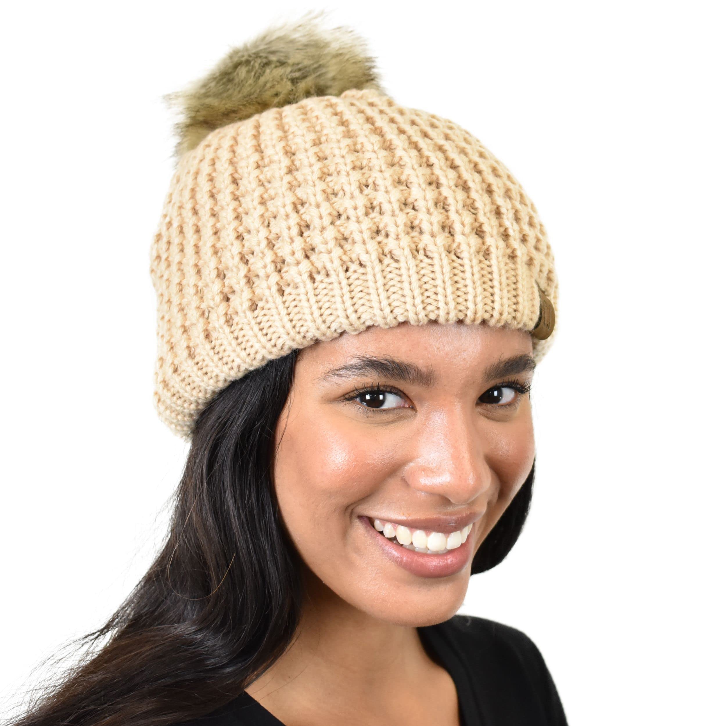 C.C Thick Waffle Knit Fleece Lined Faux Fur Pom Beanie Hat for Women - Winter Warm Fuzzy Hat for Cold Weather, Outdoor Activities & Fashion Accessories