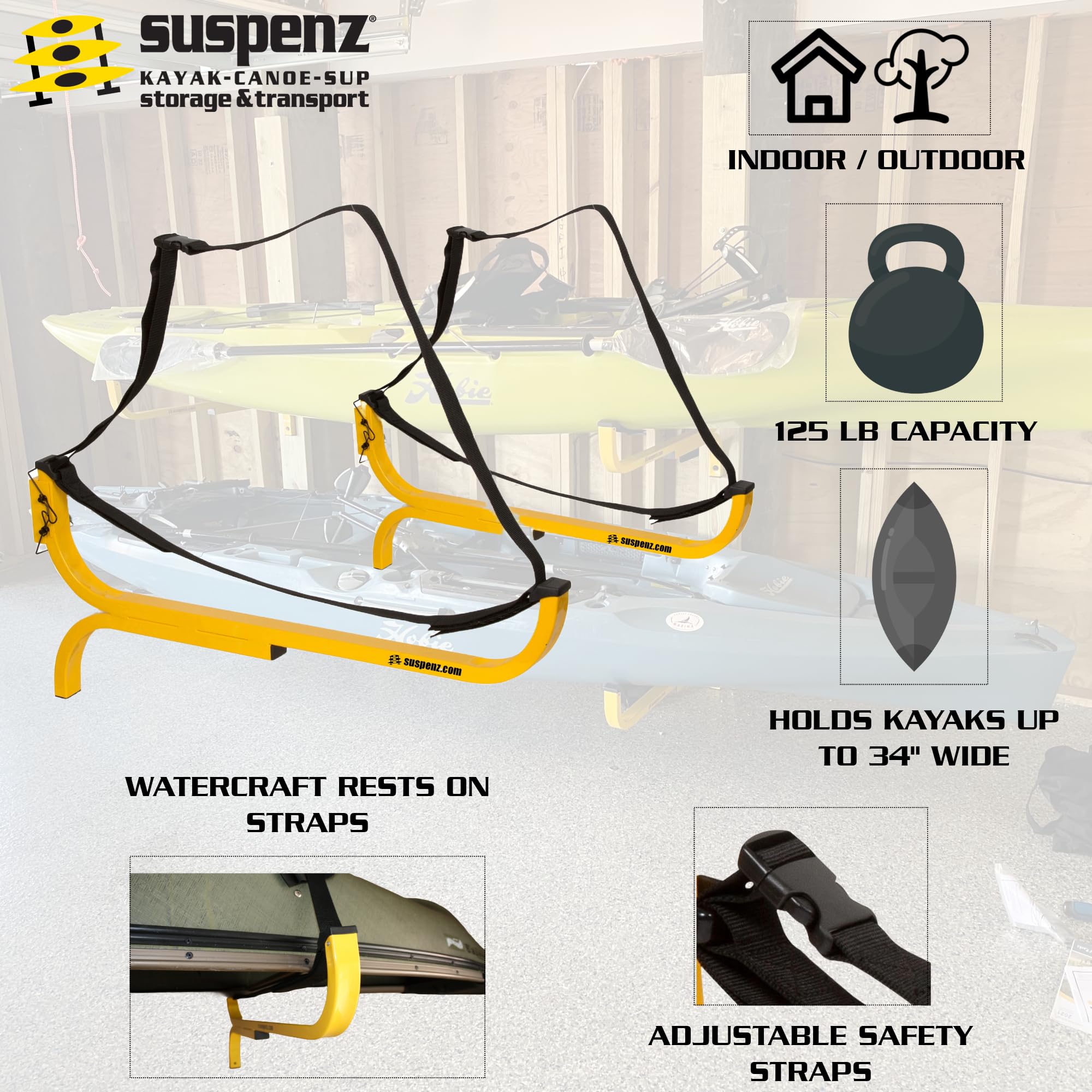 Suspenz Flat Rack - Premium Hanging Storage Rack for Kayaks, Bikes, and Outdoor Gear - Space-Saving Garage and Shed Organization Solution