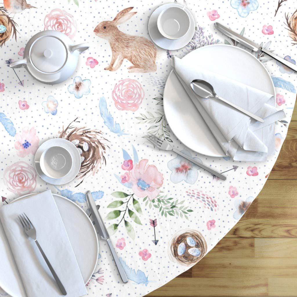Custom Printed Spoonflower Cotton Sateen Tablecloth - 90 Inch Round Watercolor Easter Design with Bunnies, Eggs & Robins | Blue Woodland Whimsical Pattern | Perfect for Easter Brunch, Spring Parties & Holiday Dining Decor