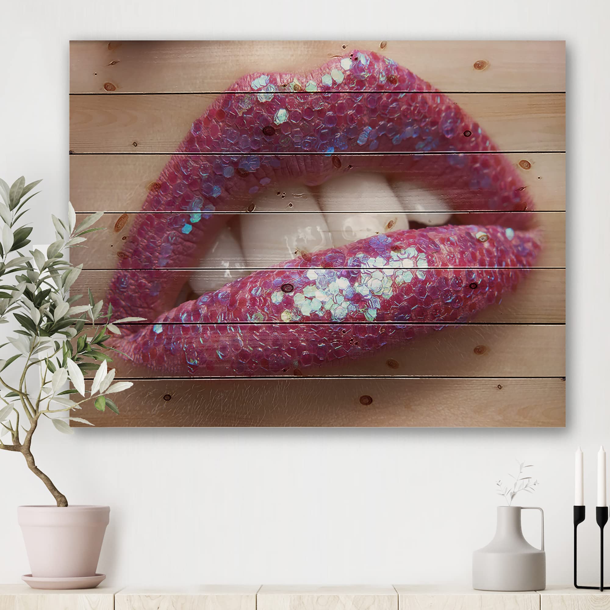 Pink Lipstick Wood Wall Art - Modern Pine Decor for Living Room