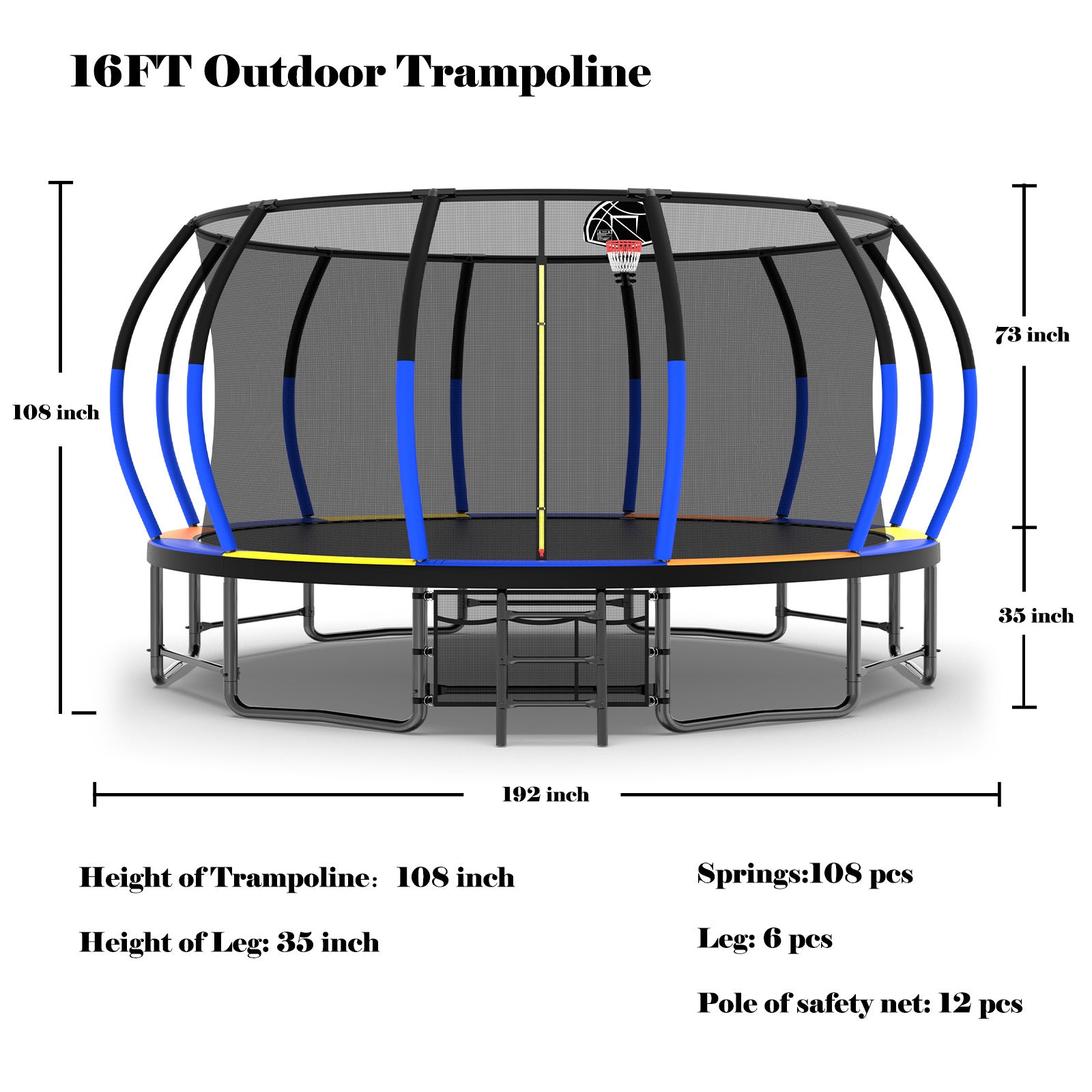 16FT Trampoline with Safety Enclosure - ASTM Approved Outdoor Trampoline for Kids with Ladder & Anti-Rust Coating | Perfect for Backyard Fun, Exercise, and Family Bonding