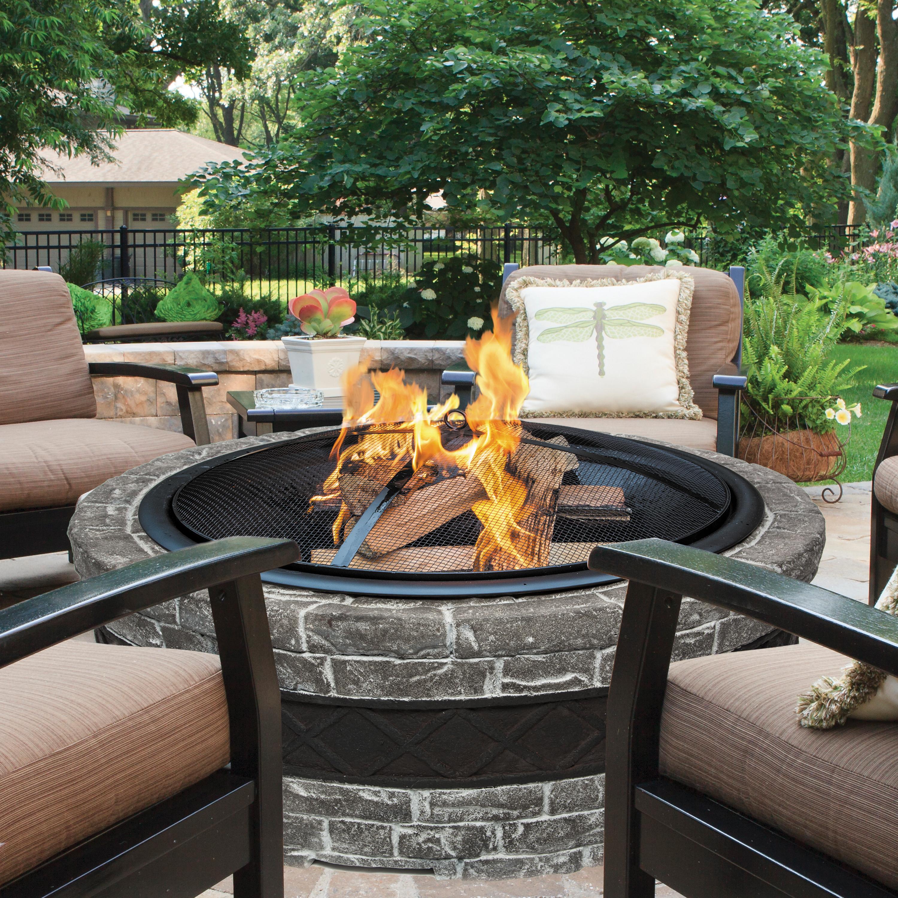Sun Joe SJFP35 CS STN 35-Inch Wood Burning Fire Pit with Cast Stone Base, Dome Screen & Poker - Outdoor Backyard Fireplace for Camping, Patio, and Garden Gatherings