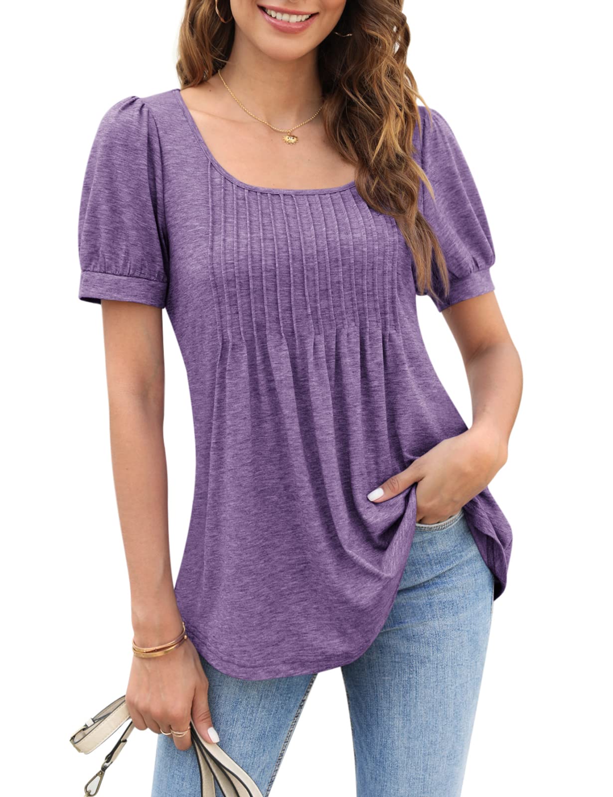 Zwurew Women's Summer Casual Puff Short Sleeve T-Shirt - Square Neck Pleated Flowy Tunic Top for Leggings (S-2XL) | Trendy Blouse for Outfits, Work, Date Night & Vacation