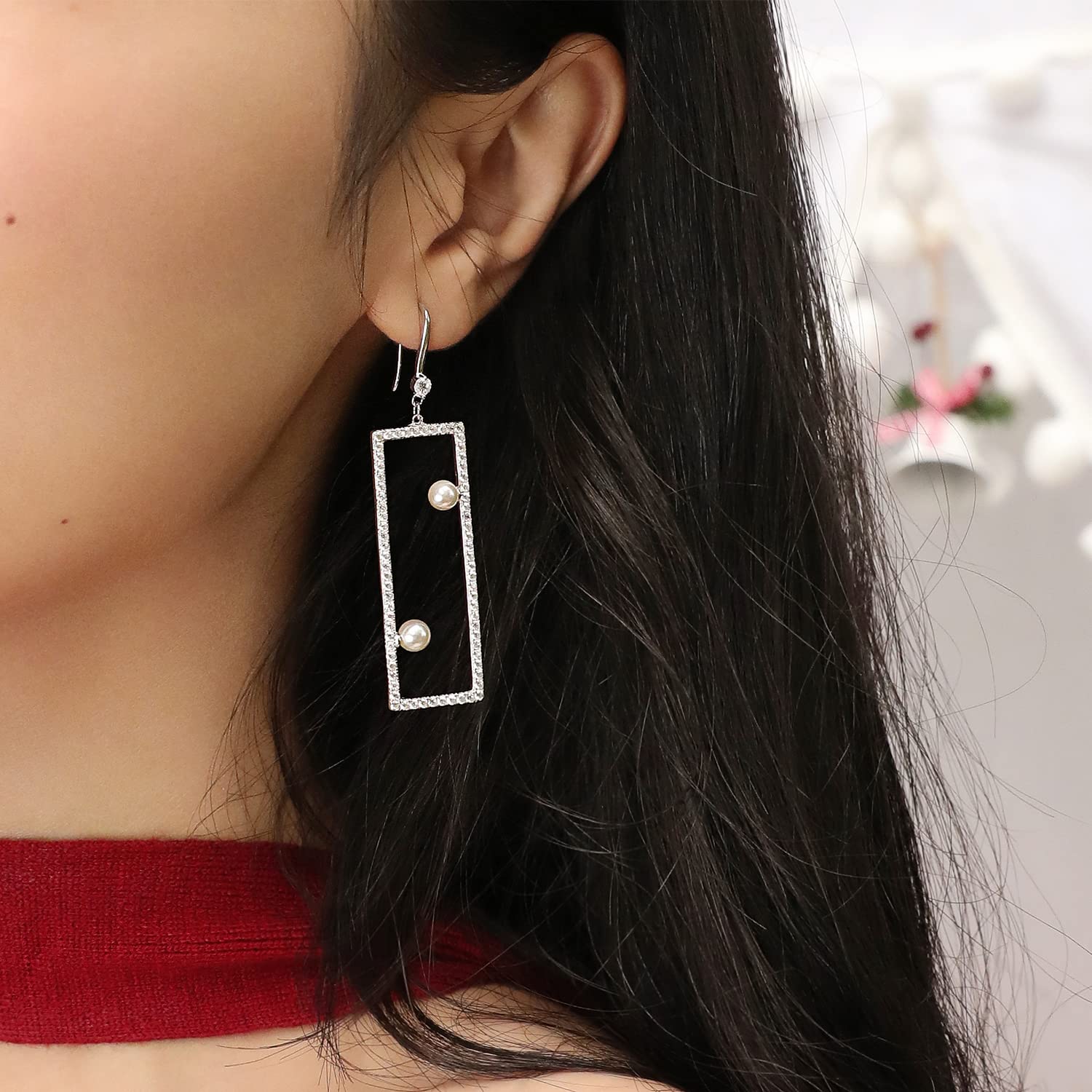 Meissa 925 Sterling Silver Geometric Pearl Drop Earrings | Handmade Rose Gold Statement Jewelry | Perfect for Weddings, Parties & Special Occasions
