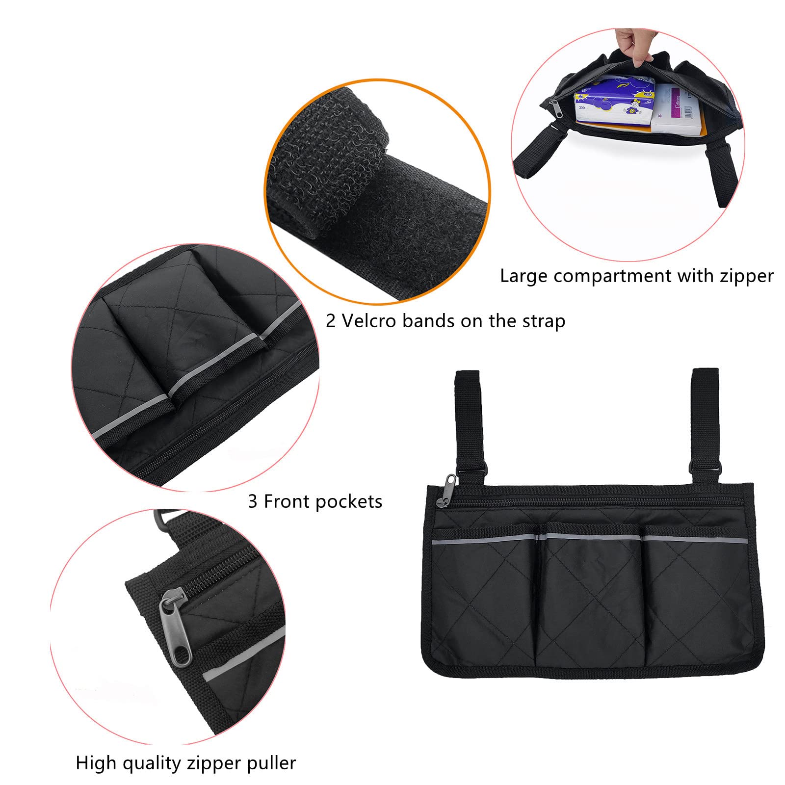 Waterproof Wheelchair Armrest Side Bag with Reflective Stripe - Durable Storage Pouch for Wheelchairs, Walkers, Rollators & Mobility Scooters (Blue Plaid) - Perfect for Daily Essentials, Outdoor Activities & Travel Accessories