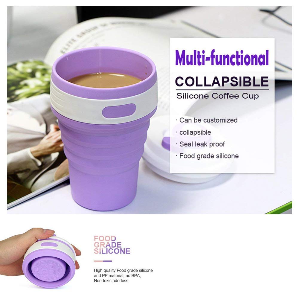 Fullgaden Collapsible Silicone Travel Cup with Lid - Leak-Proof Portable Drinking Mug for Water, Coffee & Soda - Compact Reusable Cup for Hiking, Camping, Picnics & Outdoor Adventures (Purple)