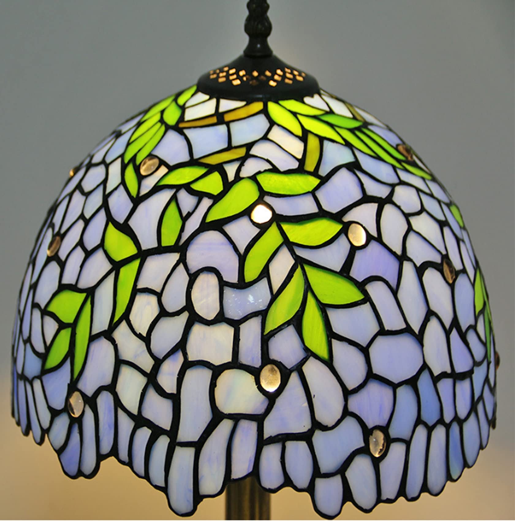 Tiffany Style Stained Glass Table Lamp - Purple Bedside Desk Light (12/18 Inch) with Green Leaves Lampshade & Antique Base - Perfect Gift for Home, Bedroom, Office - Romantic Lighting for Lovers, Parents, Friends & Kids