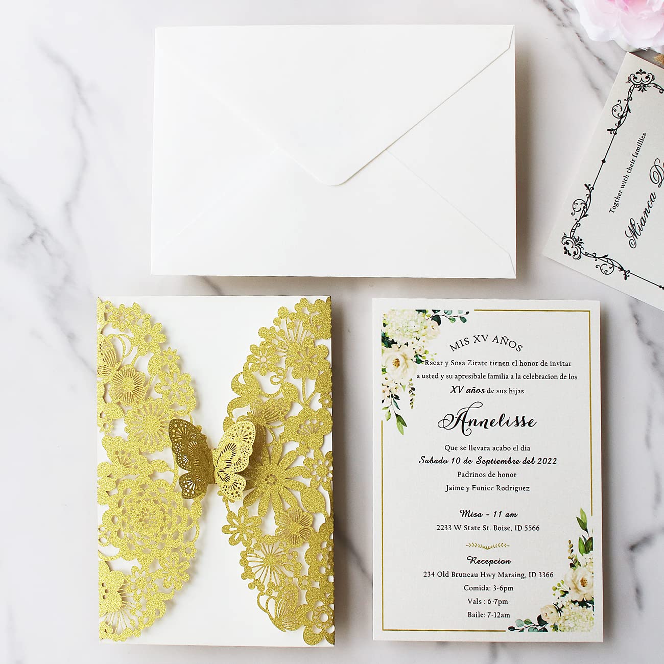 Premium 50PCS Gold Laser Cut Lace Wedding Invitation Cards with Butterflies & Envelopes - 5.12 x 7.3