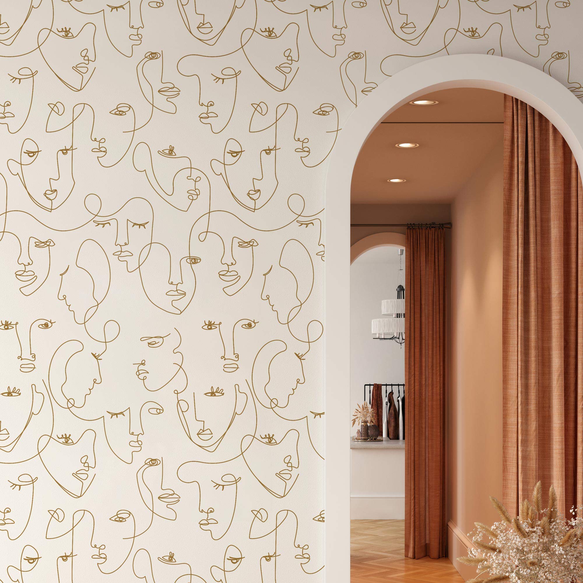 Minimalist Gold Face Line Art Wallpaper - Peel and Stick Self-Adhesive Wall Decal (2x9ft Single Sheet) for Living Room, Bedroom, Office & Home Decor
