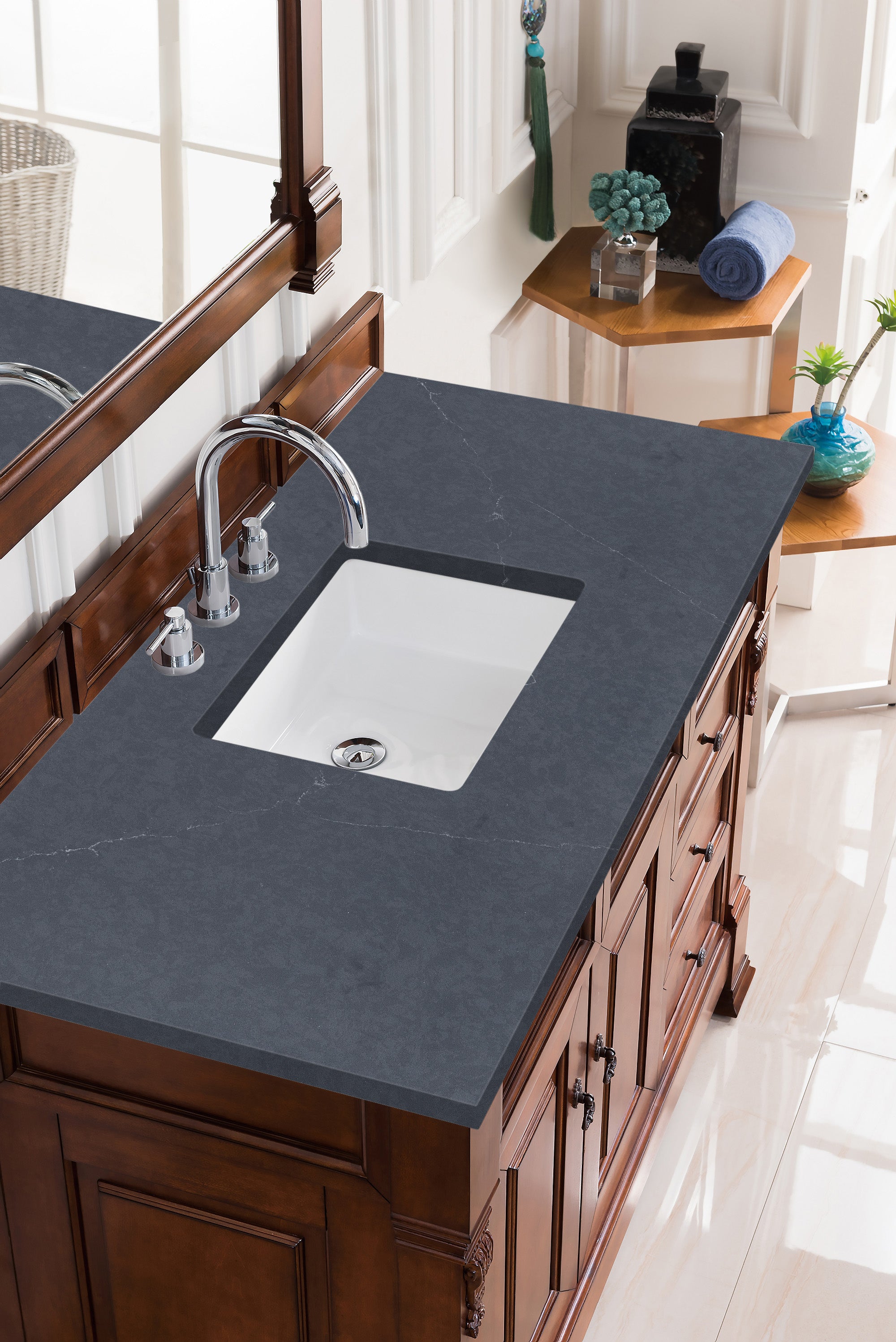 Brookfield 48 Inch Single Bathroom Vanity with Warm Cherry Finish & 3CM Charcoal Soapstone Quartz Countertop - Perfect for Modern Master Bath or Guest Bathroom Renovation