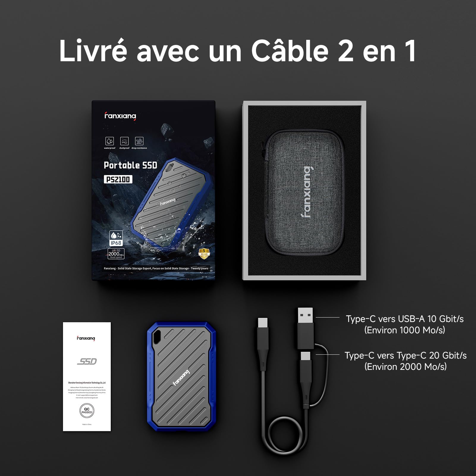 Fanxiang 2TB External SSD Hard Drive - USB 3.2 Gen2 2000MB/s High Speed, IP68 Water Dust Resistant, Portable Solid State Drive for Gaming, Photography, Video Editing & Business Storage - Perfect for Travel, Office & Backup Solutions