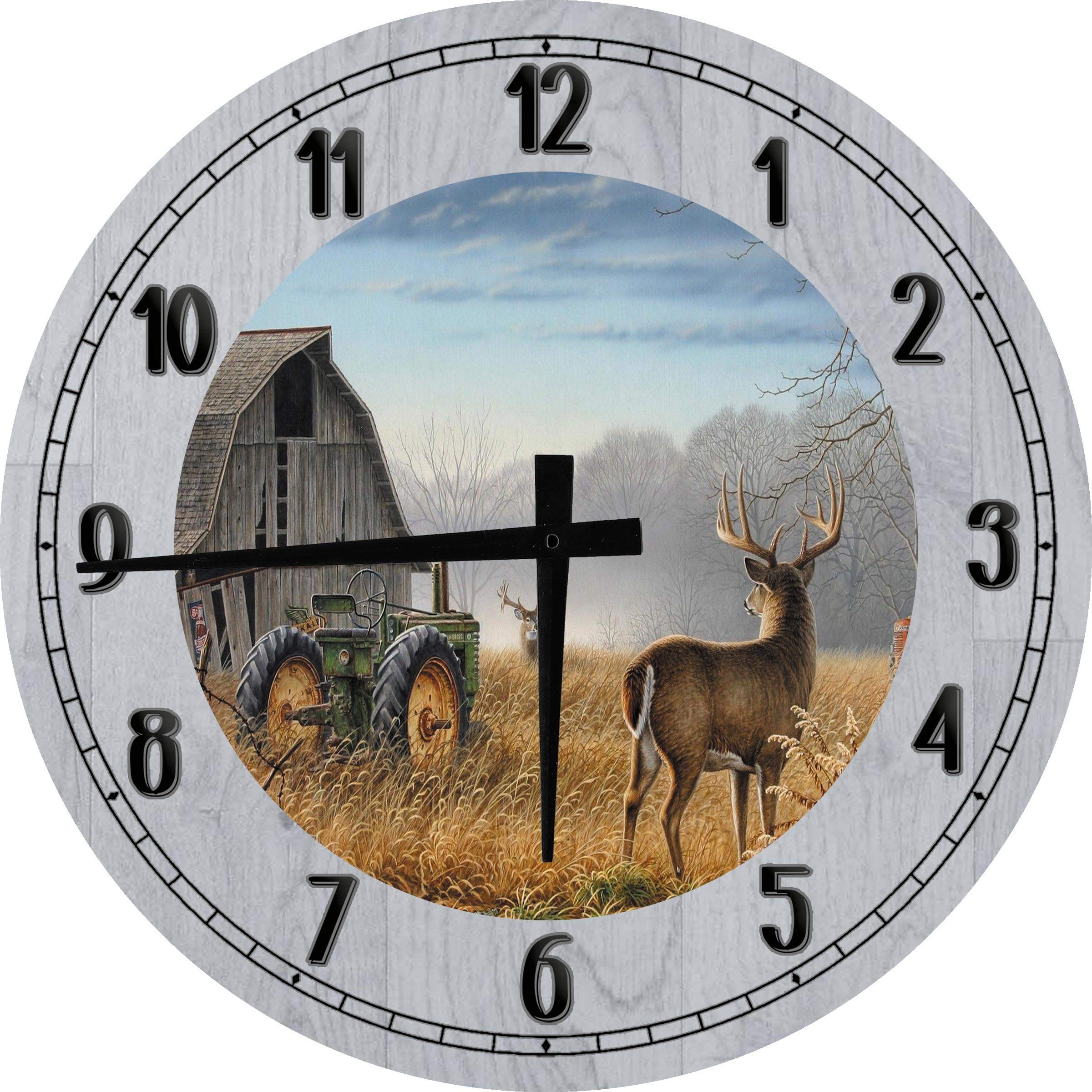 24 Inch Large Round Wall Clock with Old Barn White Tail Deer Big Buck Antlers Design, Battery Operated Gray Wall Art for Farmhouse, Living Room, and Office Decor