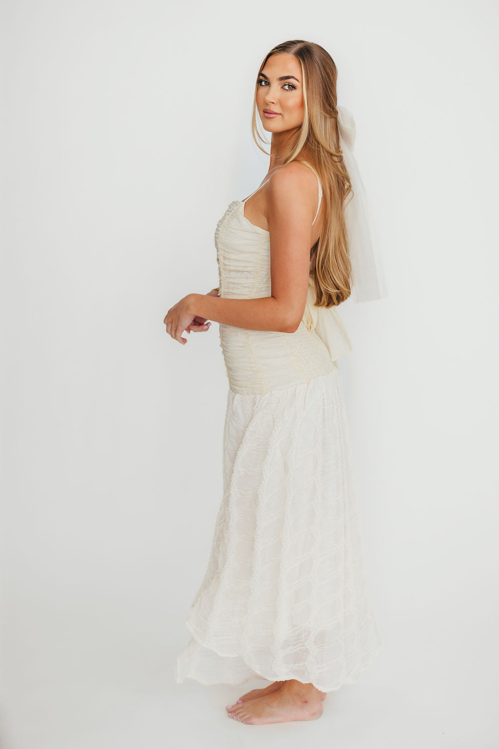 Rosie Ruched Maxi Dress with Bow Back Detail - Cream Elegant Formal Evening Gown for Weddings, Parties & Special Occasions