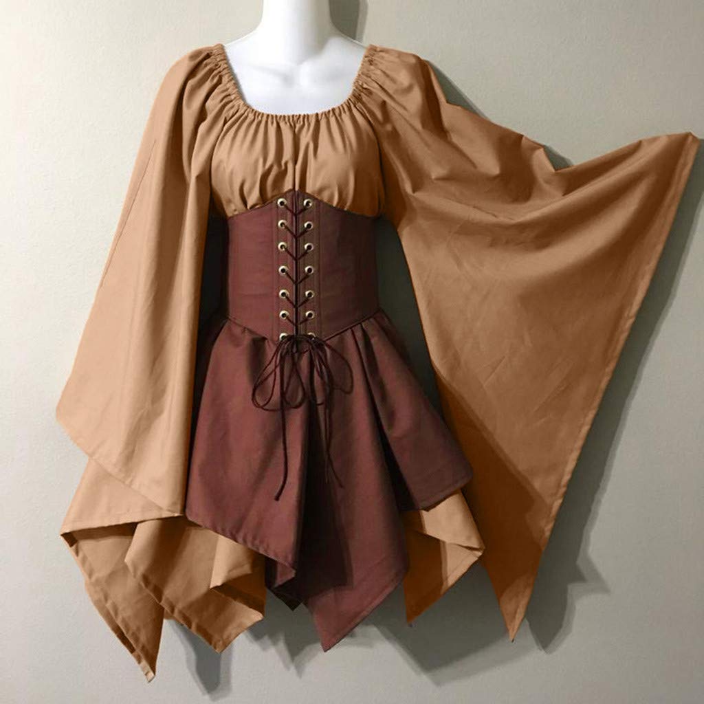 Women's Medieval Renaissance Pirate Corset Dress - Flared Sleeve Traditional Irish Short Costume for Cosplay, Halloween & Historical Reenactment