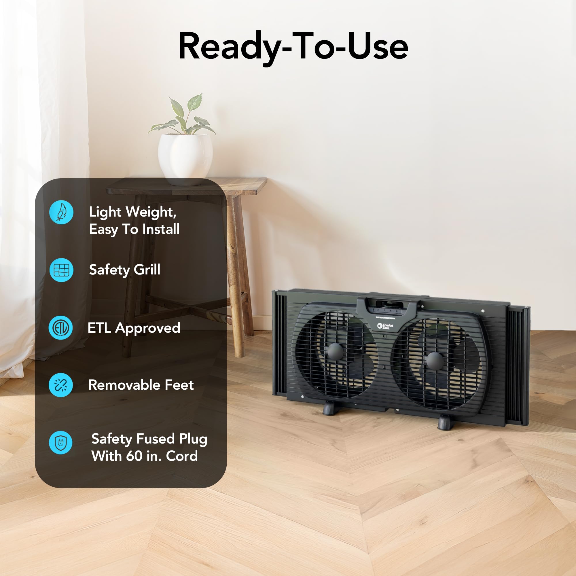 9 Inch Dual Window Fan with 3 Speed Settings - Auto-Locking Expanders & Removable Bug Screen - Quiet Cooling for Bedroom, Office & Home - Black (Ideal for Summer Cooling & Air Circulation)