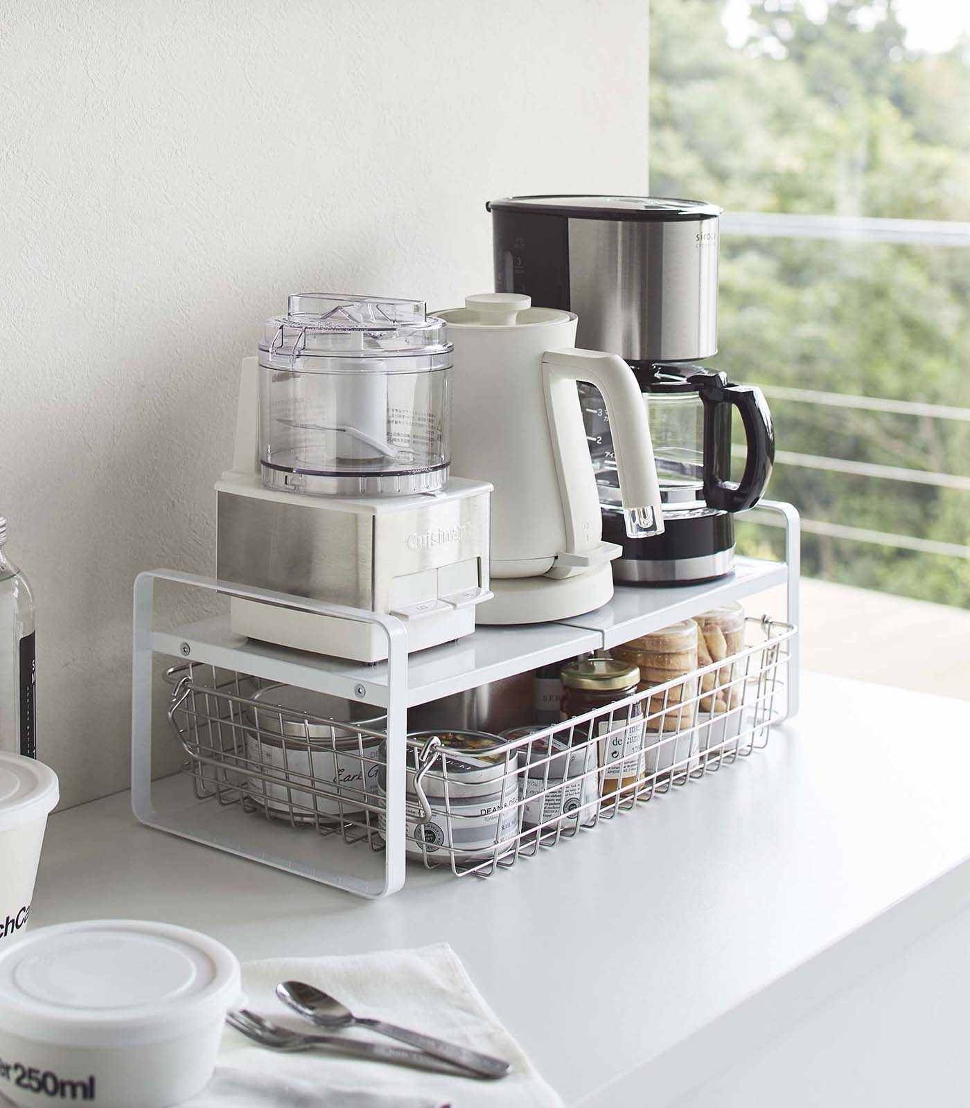 Expandable Kitchen Riser Shelf - Adjustable Steel Countertop Organizer for Spices, Utensils & Small Appliances - Perfect for Small Spaces, Pantry & Cabinet Organization