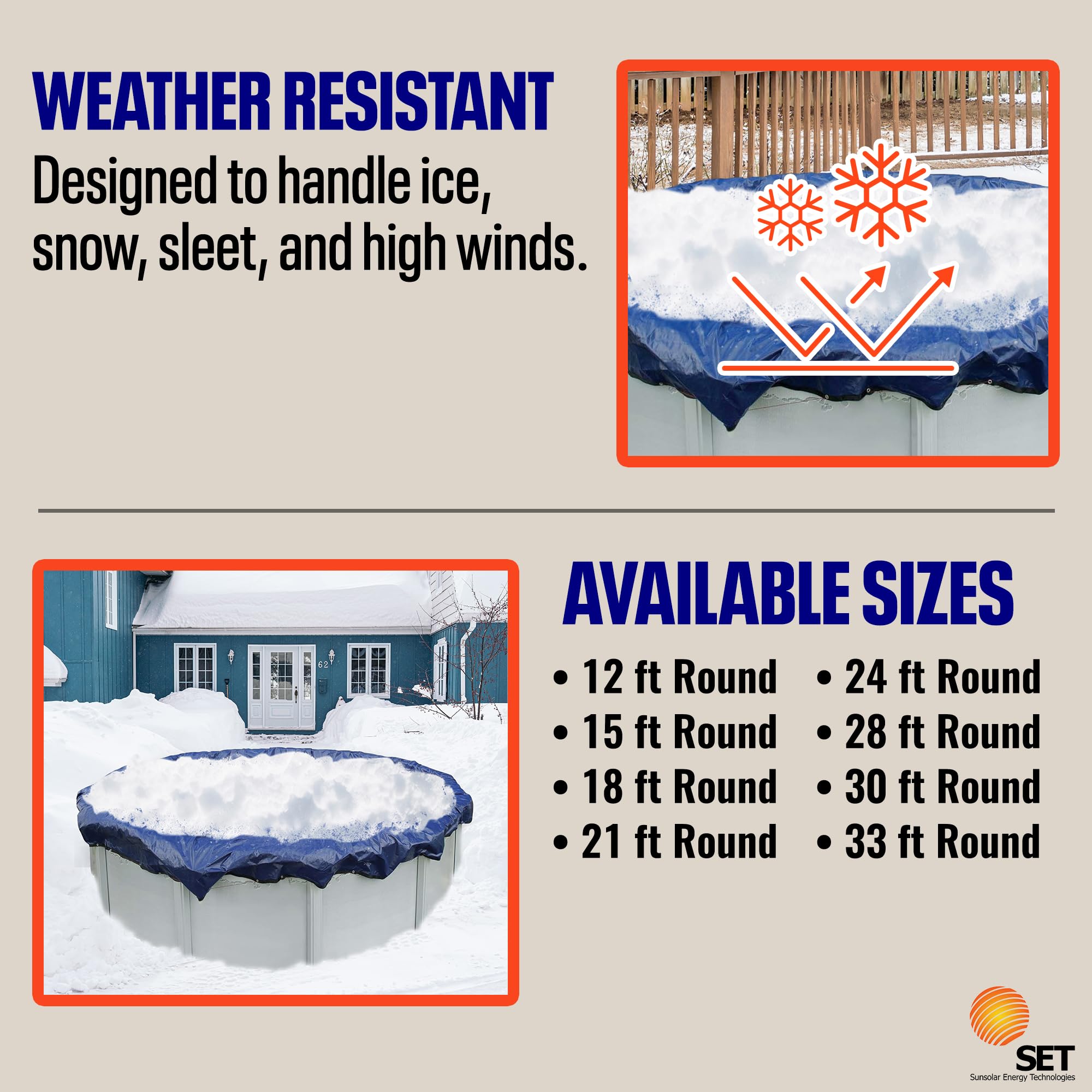 SET SunSolar Energy Technologies - Heavy Duty 24-Foot Round Above Ground Pool Cover for Winter Protection - Durable Solid Swimming Pool Cover with Reinforced Cable & Winch - 15-Year Warranty - Includes Clips - Ideal for Seasonal Pool Maintenance & Safety