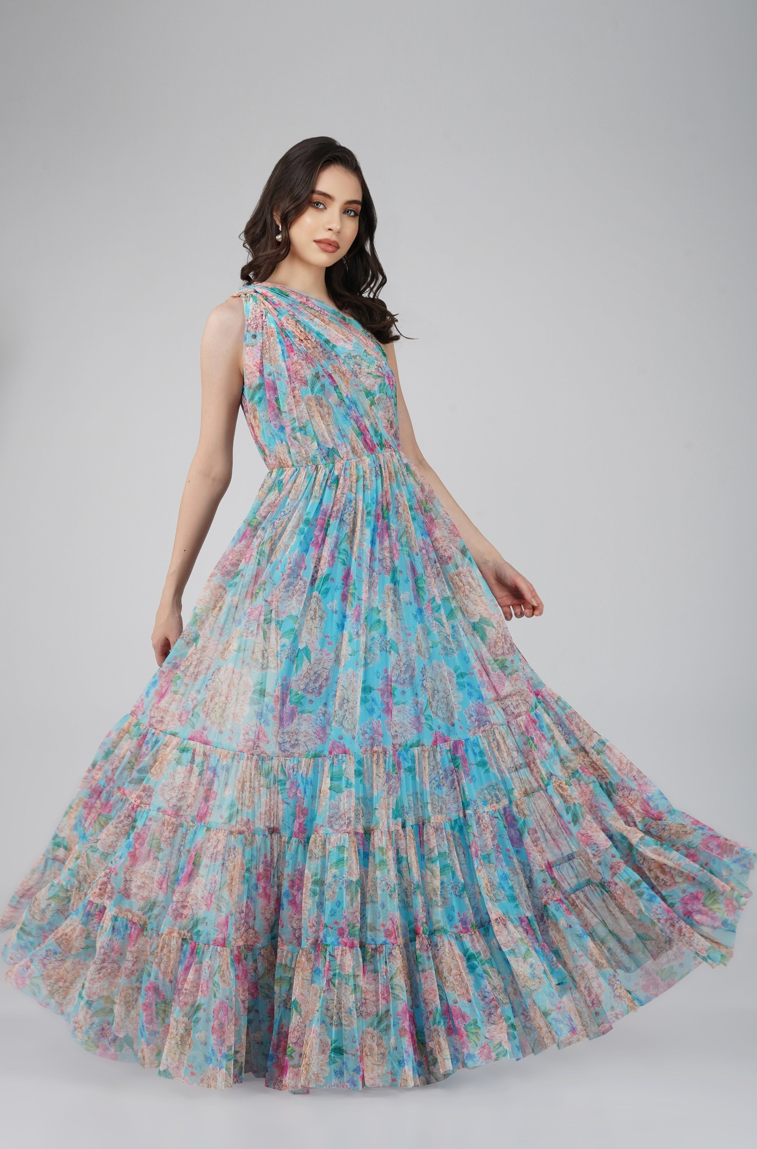 Roka Floral One Shoulder Maxi Dress in Blue - Elegant Summer Beach Wedding & Vacation Dress for Women
