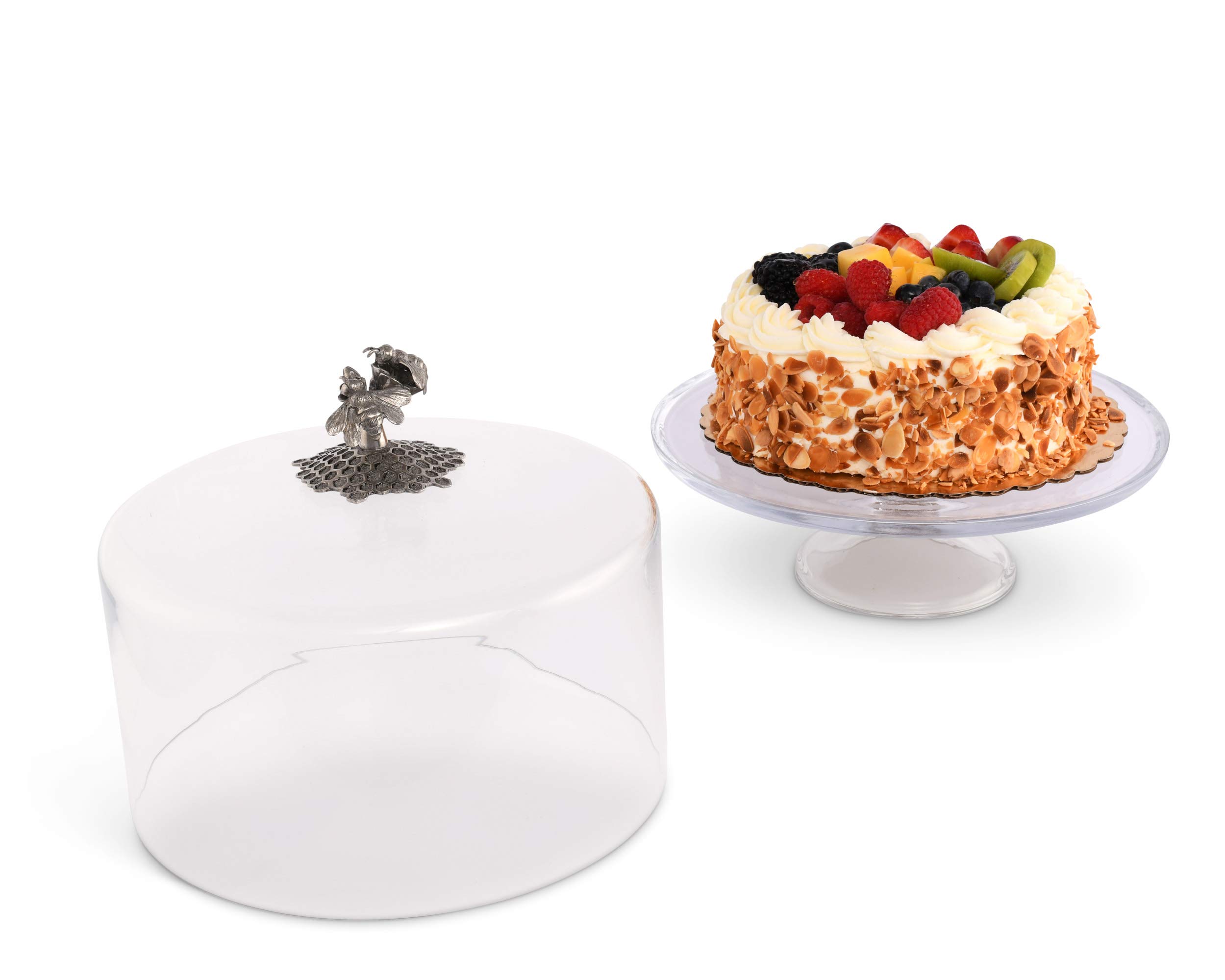 Handblown Glass Cake Stand with Dome Cover & Pewter Honey Bee Knob - 13