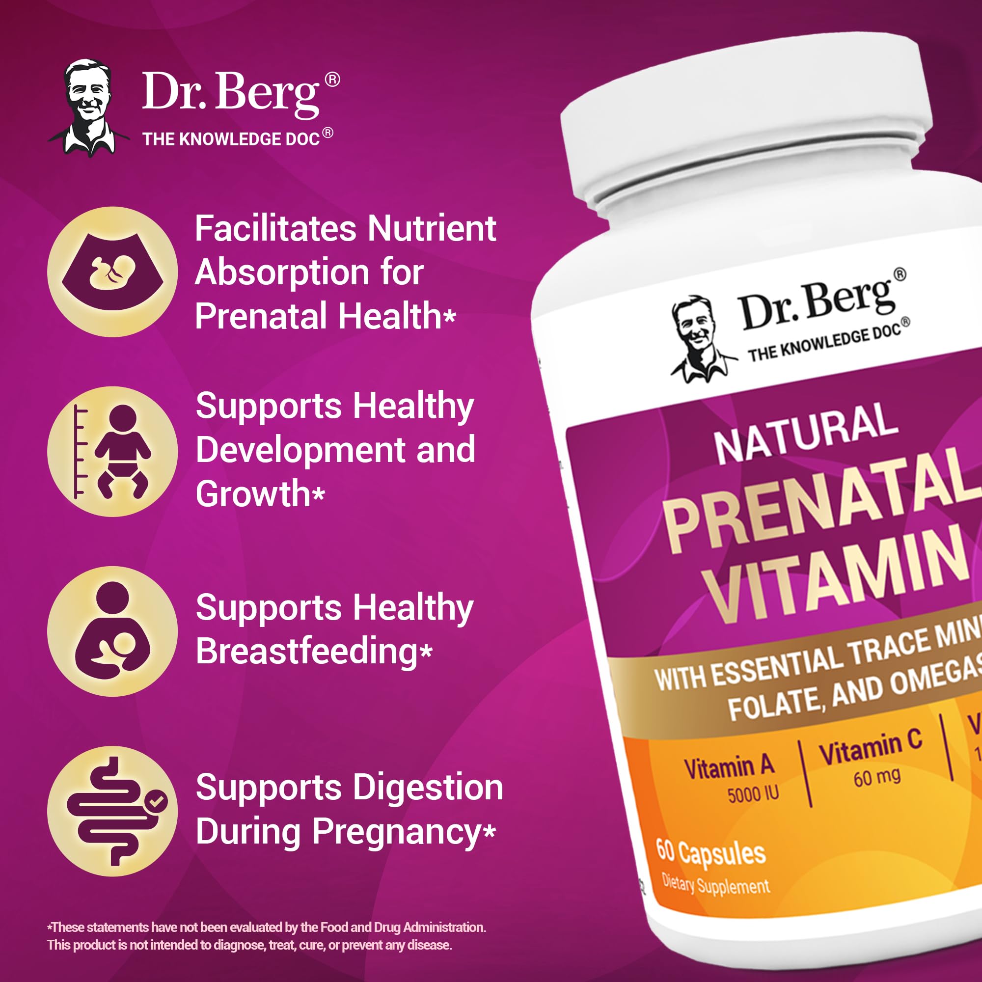 Dr. Berg Natural Prenatal Vitamins for Women - Prenatal Multivitamin with Folate, Omega-3, 11 Superfoods & Essential Minerals (60 Capsules) - Supports Healthy Pregnancy, Breastfeeding & Fetal Development