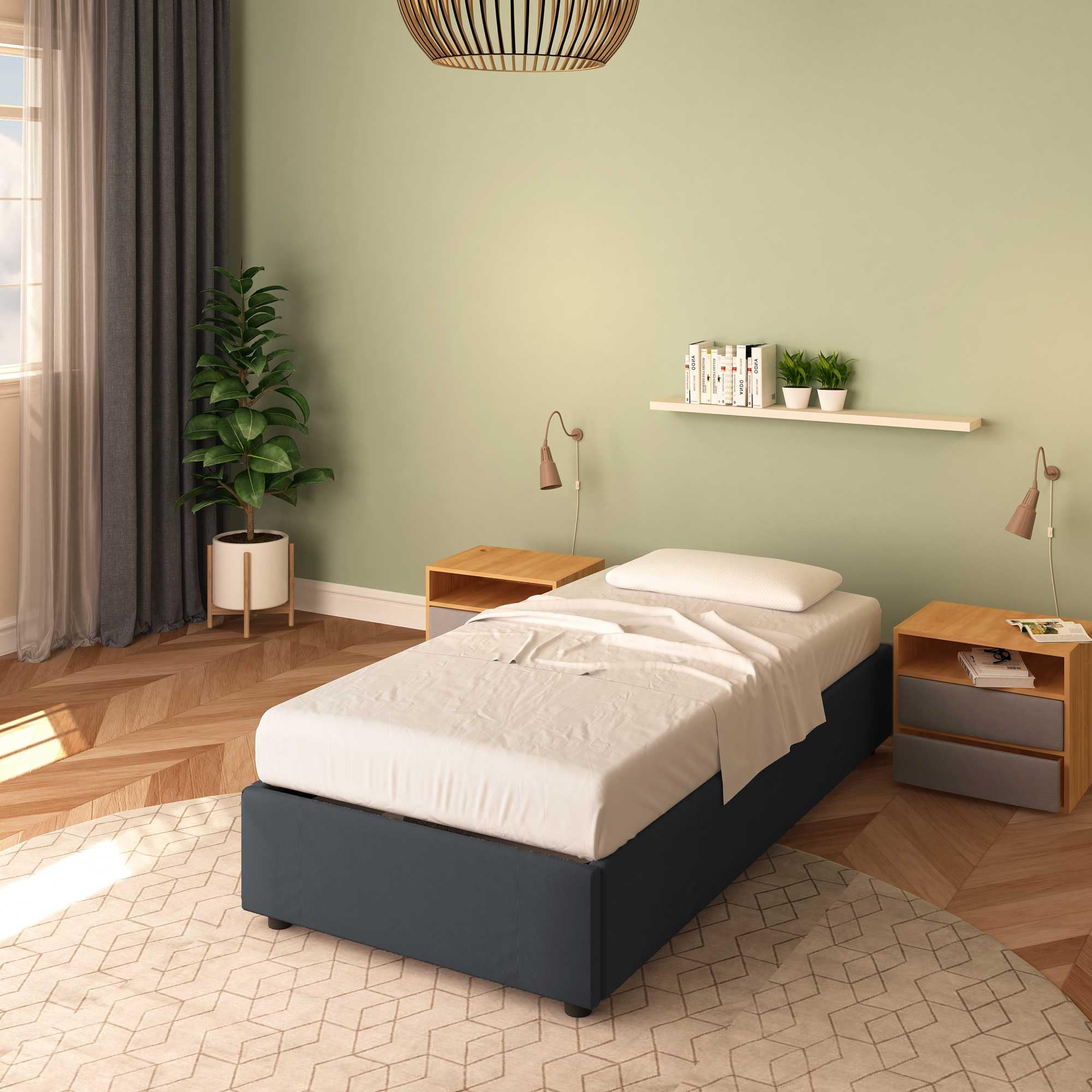 Baldiflex Cloe Square and Half Bed Frame with Storage, Fabric Upholstery, No Headboard, Slatted Base for Mattresses, 100 x 200 cm, Graphite Gray - Perfect for Small Bedrooms, Guest Rooms & Modern Apartments