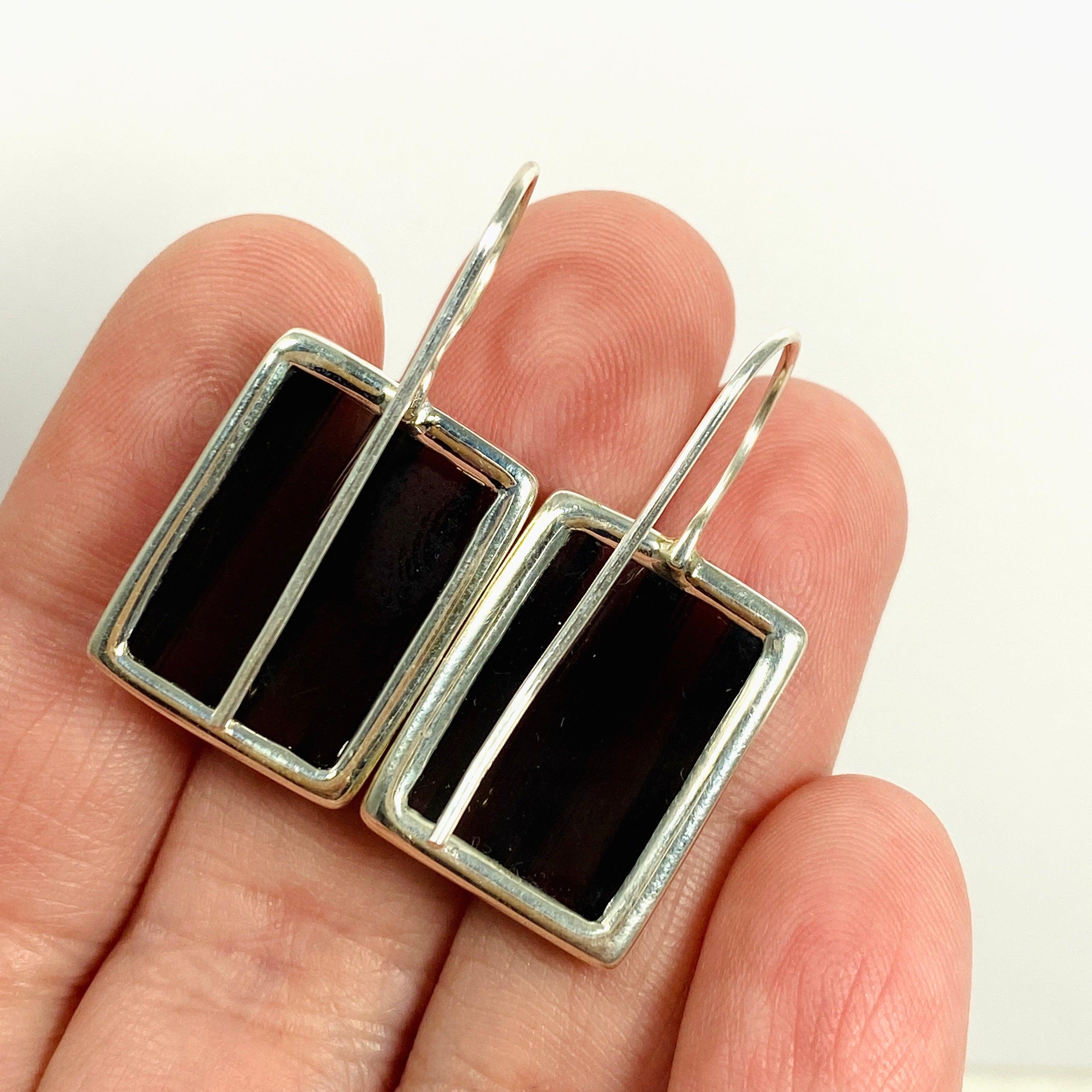 Midnight Obsidian Rectangular Hook Earrings for Women - Elegant Black Gemstone Jewelry for Parties, Weddings & Evening Events - KEGJ1351