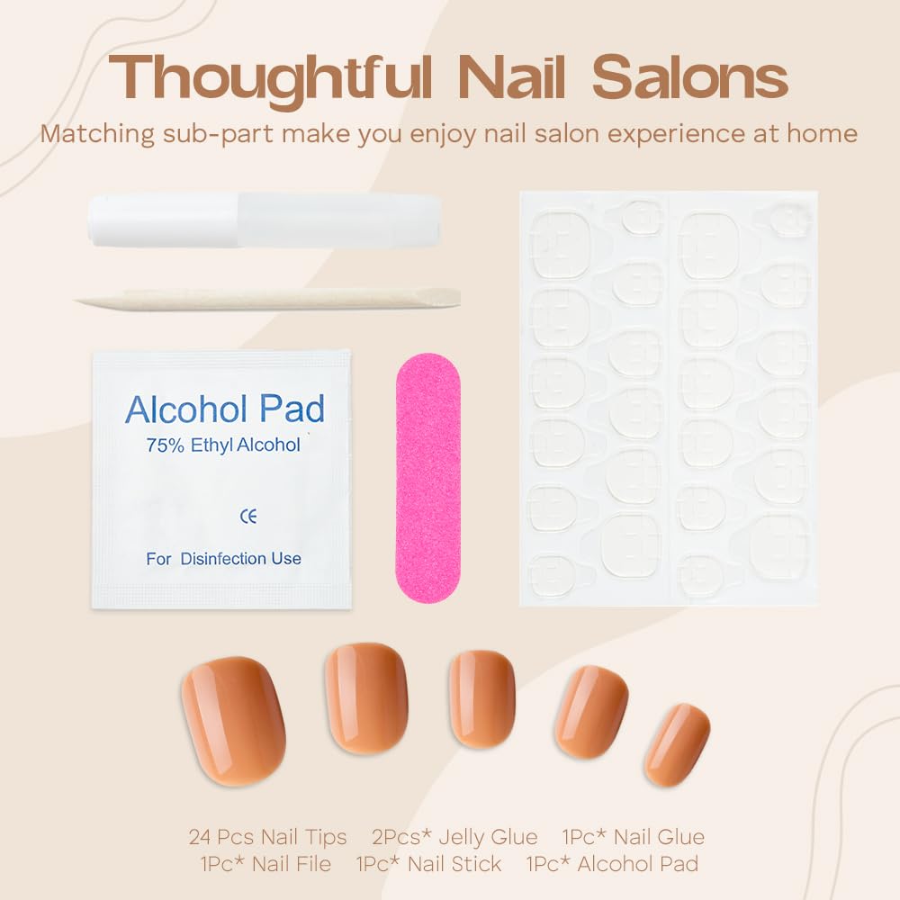 Short Square Press On Nails Kit - 24pcs Reusable Fake Nails with Nail Glue & File (12 Sizes) - Fall Nude False Nails for Daily Wear & Special Occasions