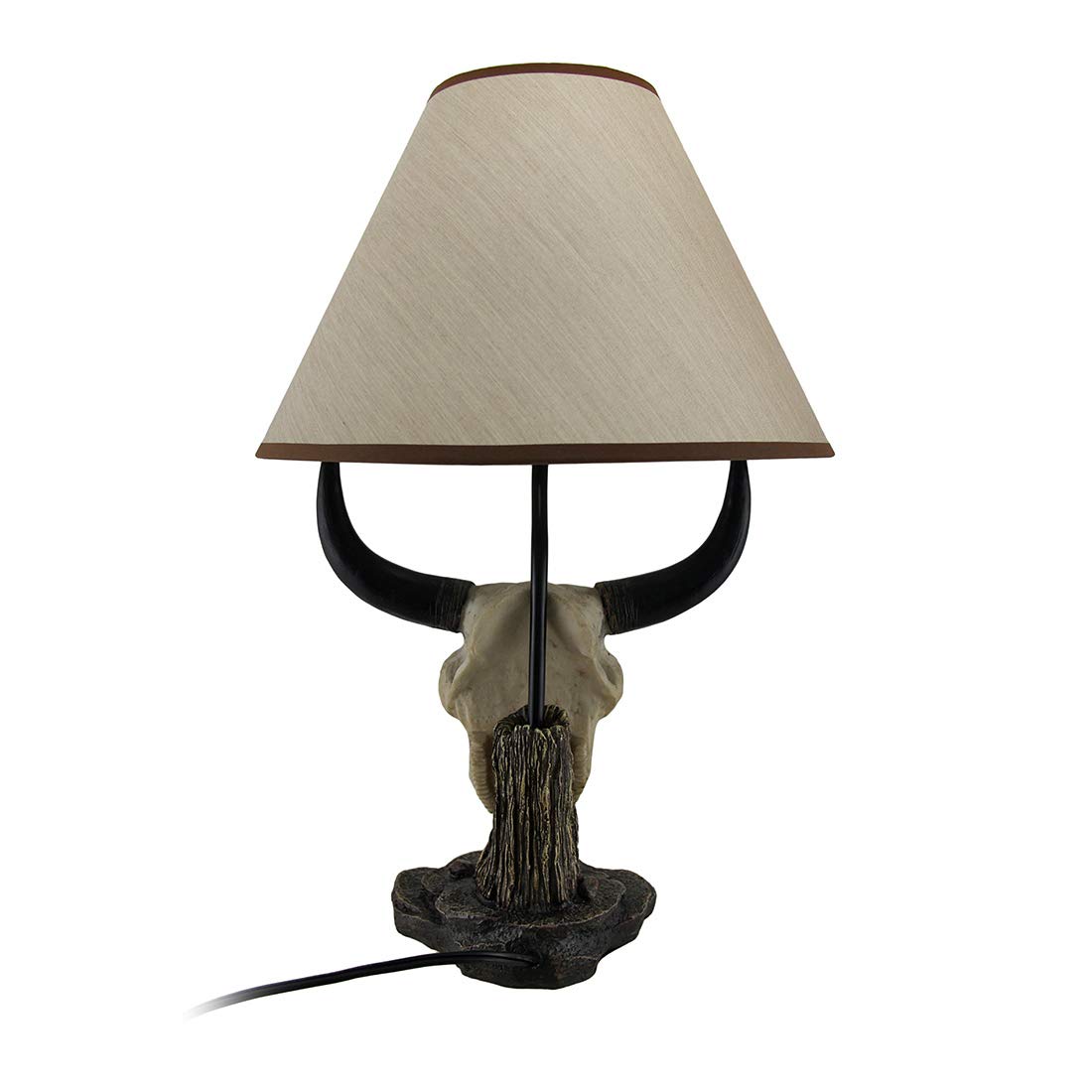 Set of 2 Cast Resin Cow Skull Table Lamps with 8-Inch Fabric Shades - 19.5 Inch Rustic Ranch Decor for Western Home, Farmhouse Living Room & Cowboy Themed Bedroom - Perfect for Southwestern Style Interior Design