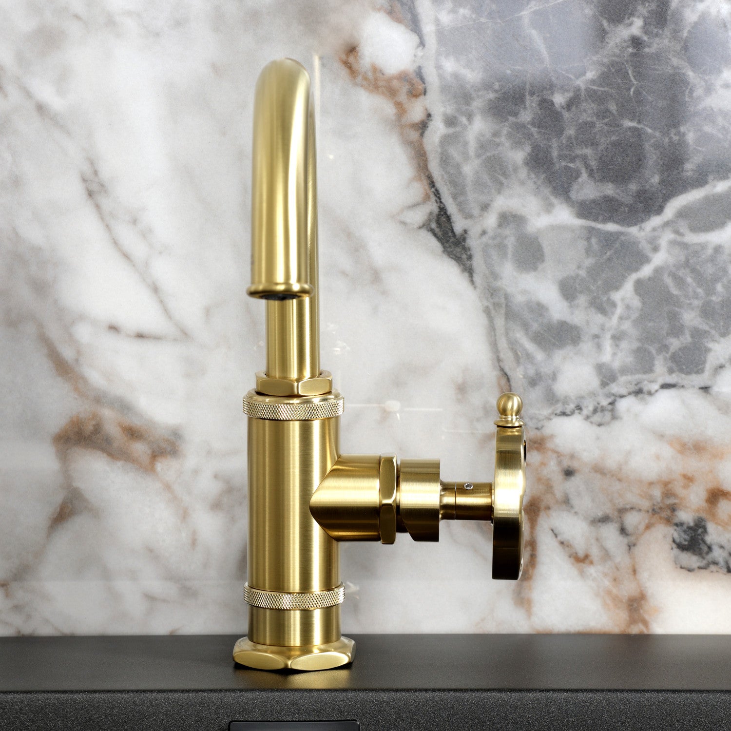 Belknap KSD2217RX Single Handle Bathroom Faucet with Deck Plate & Push Pop-Up Drain - Brushed Brass Finish for Modern Bathroom Sink Installation | Perfect for Home Renovation & Bathroom Upgrades