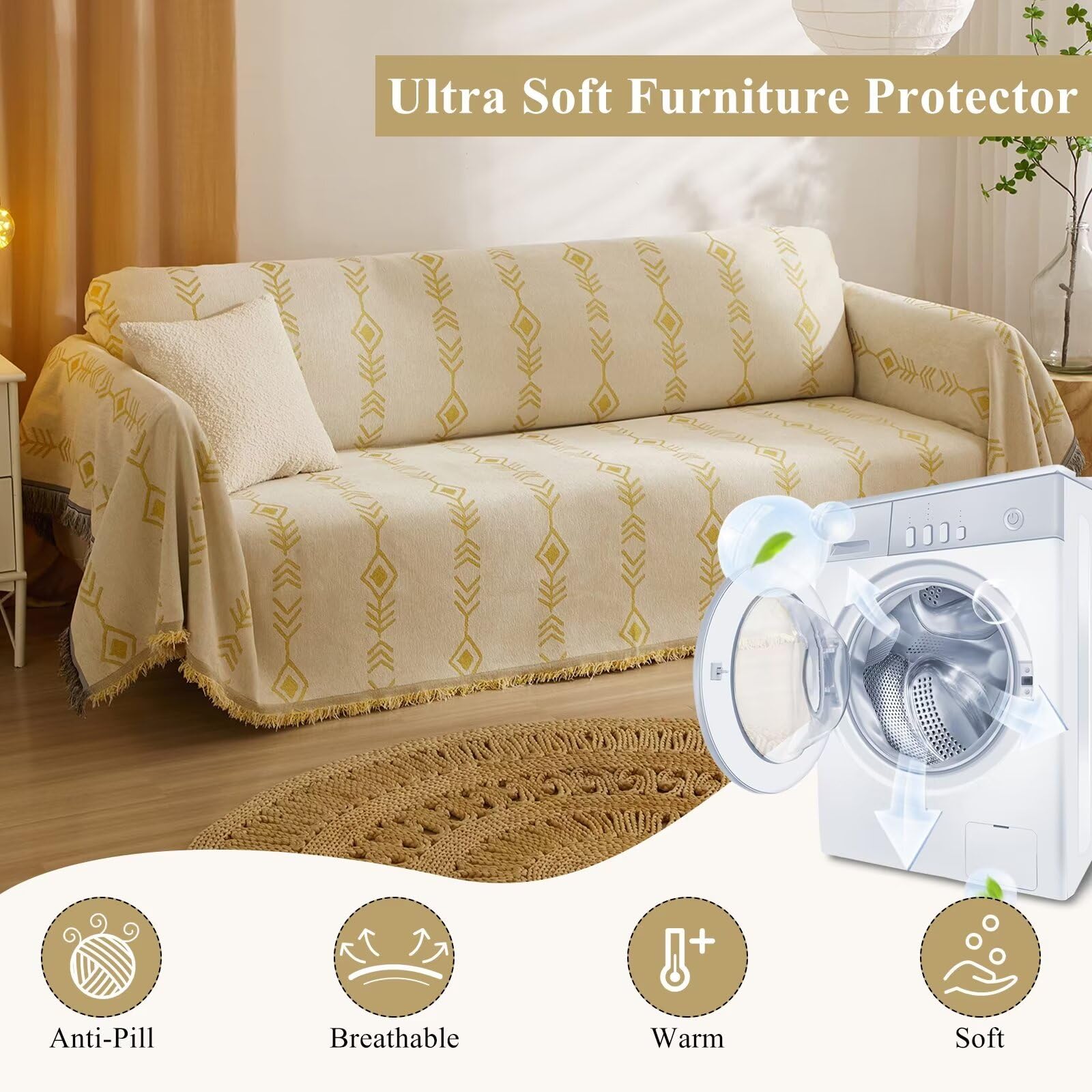 VClife Reversible Chenille Sofa Slipcover - Soft Thick Boho Couch Cover for 2 Cushion Sofa, Sectional & Futon - Beige Yellow Herringbone Plaid Design - Dog & Pet Furniture Protector - Perfect for Living Room, Bedroom & Home Decor