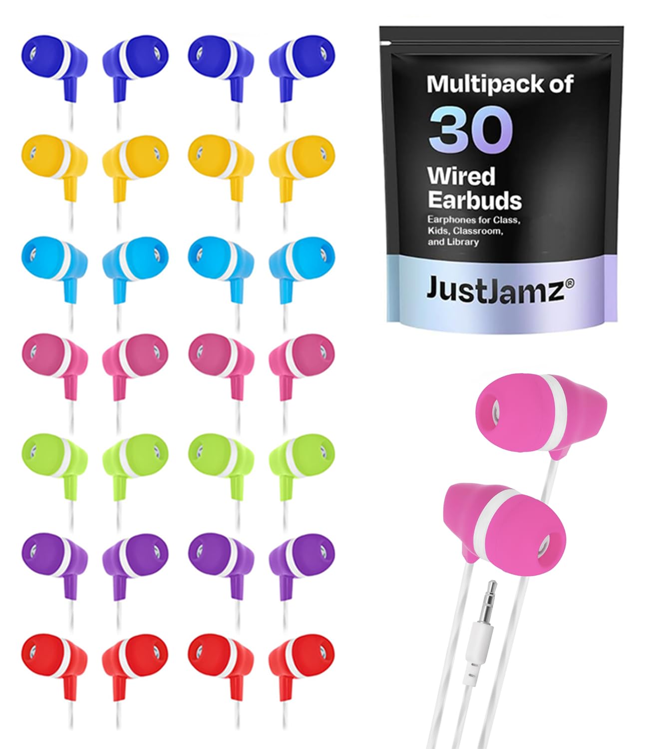 30 Pack Bulk Earbuds - Colorful Disposable Wired In-Ear Headphones for Students, Classroom, Library | Durable Basic Earphones for Kids, School, Study & Travel Use