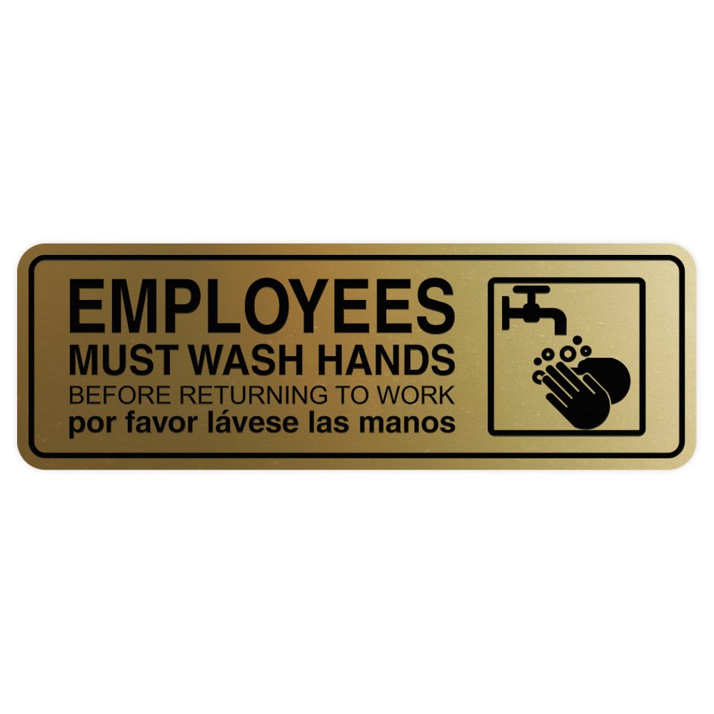 Standard Employees Must Wash Hands Sign - Brushed Gold Wall & Door Decal - Large Size for Restaurants, Offices & Public Restrooms