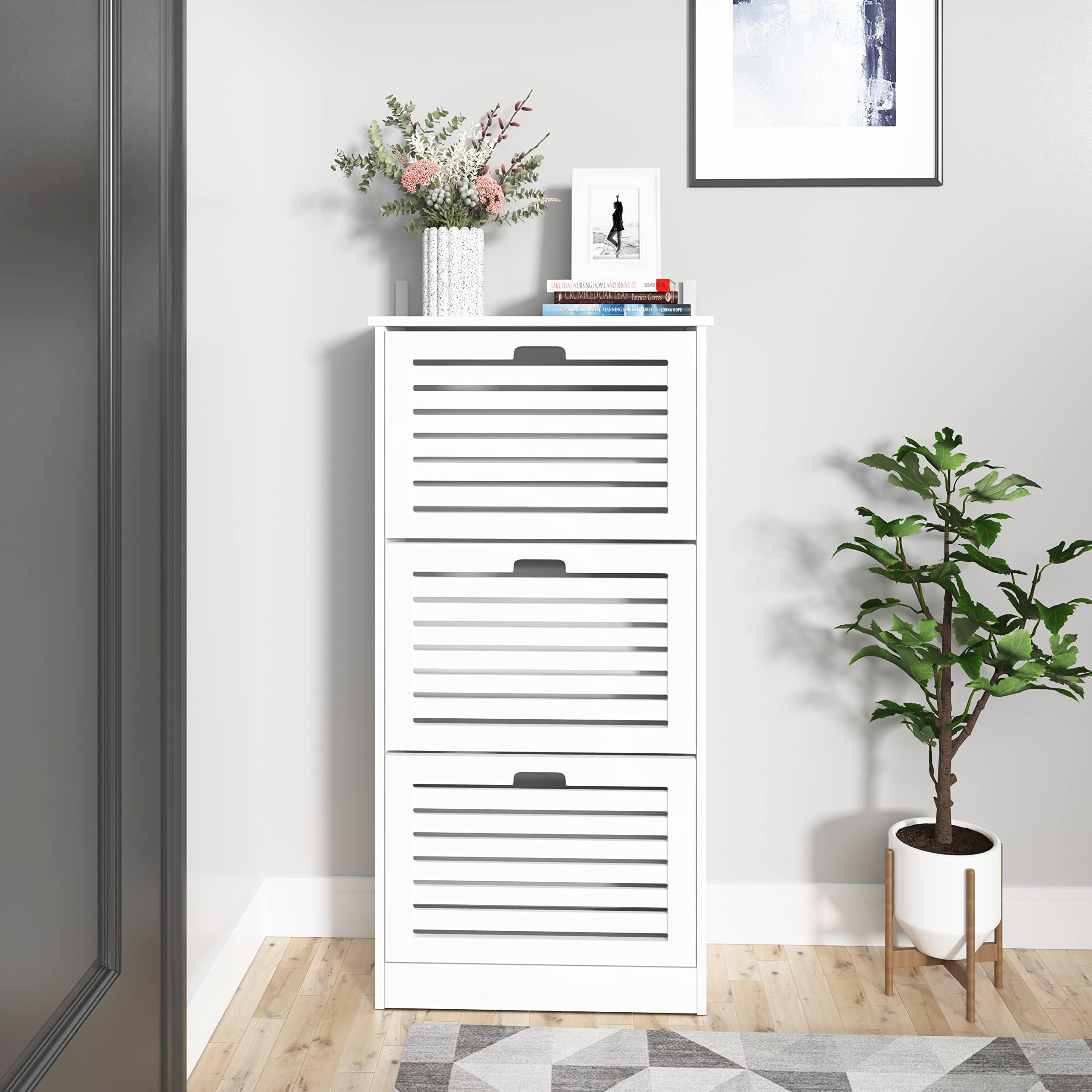 Modern White Shoe Storage Cabinet with 3 Flip Louvered Doors & Adjustable Shelf - Entryway Hallway Organizer for Shoes, Hats & Accessories | Perfect for Small Spaces, Apartments & Mudrooms