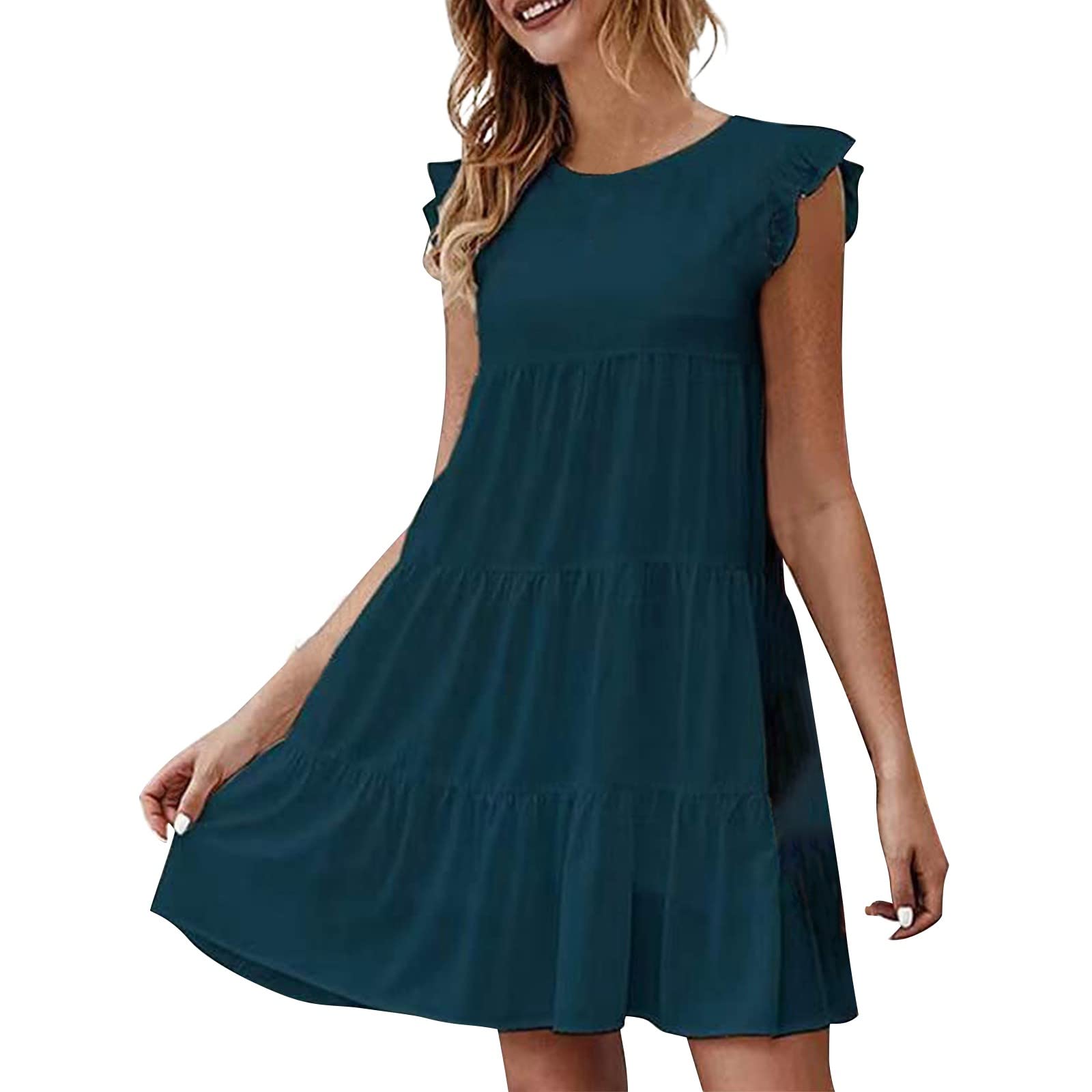 Women's Summer Sun Dress - V Neck Casual Loose Flowy Swing Shift Tunic Dress (Blue, Size S) | Perfect for Beach Vacation, Outdoor Picnic & Summer Parties