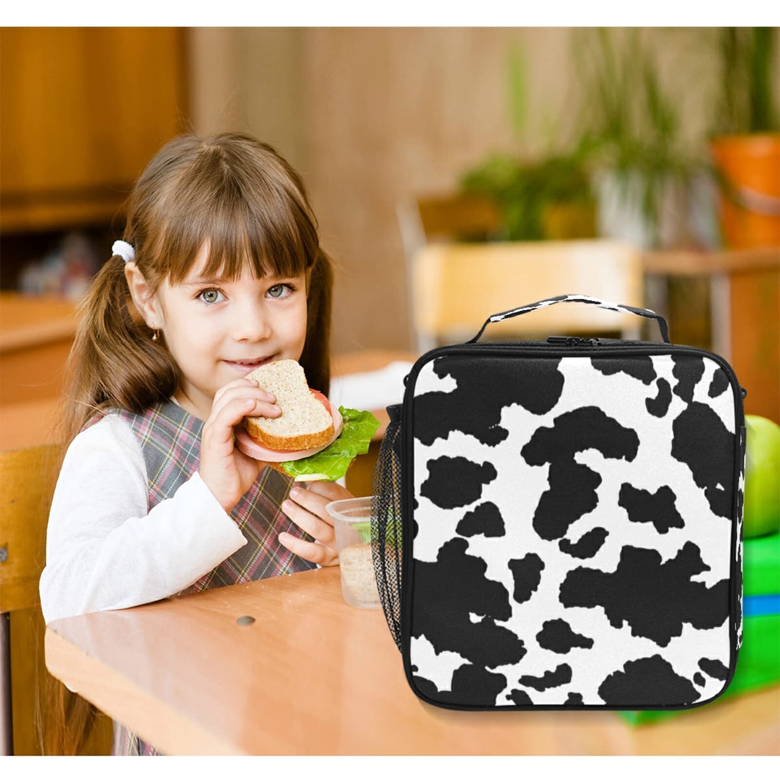 Stylish Black & White Cow Print Insulated Lunch Bag for Women & Men - Leakproof Thermal Cooler Tote with Shoulder Strap - Perfect for School, Office, Work, Picnics & Outdoor Activities